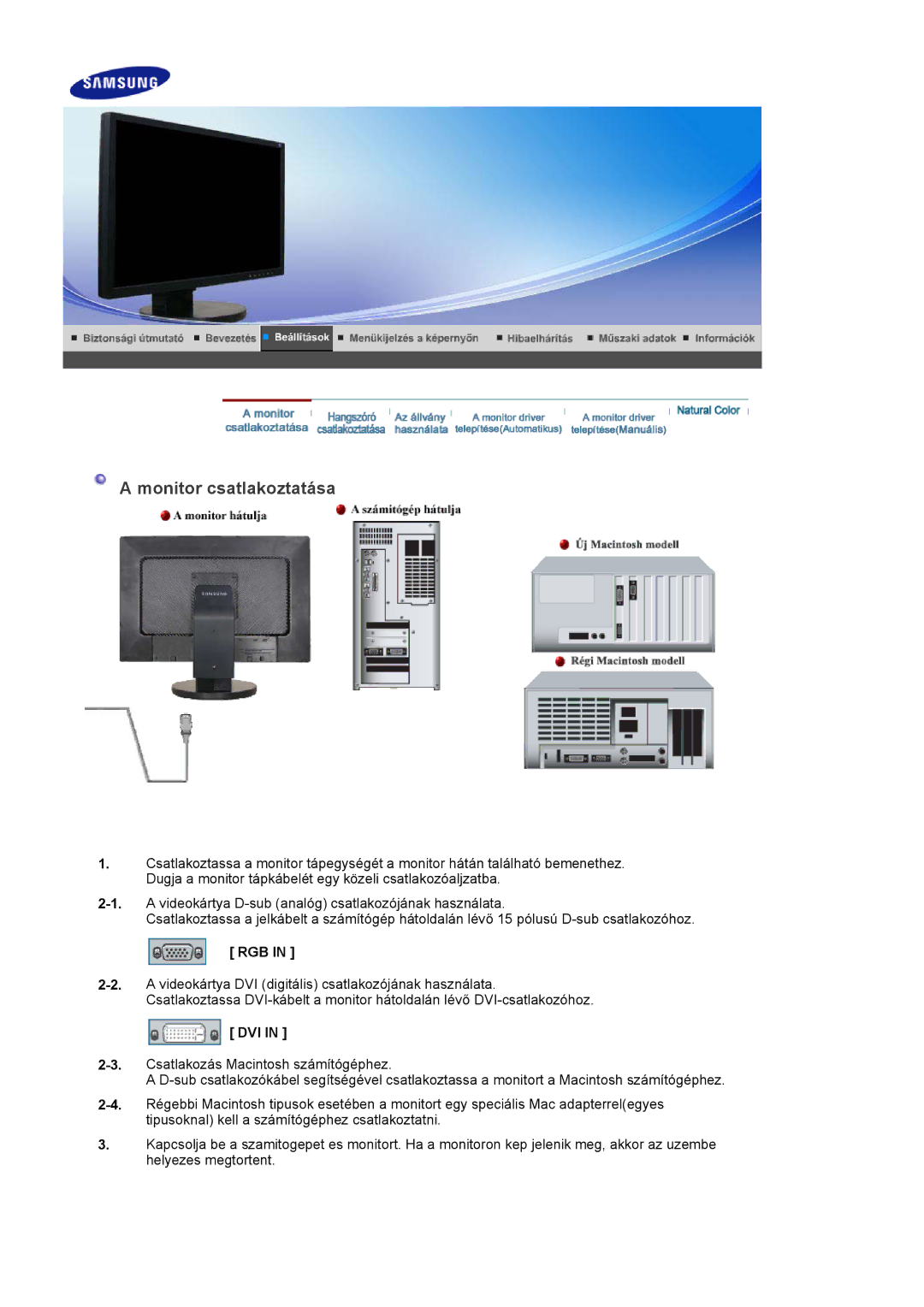 Samsung LS22DPWCSQ/EDC, LS22DPWCSS/EDC manual Monitor csatlakoztatása, Rgb, Dvi 