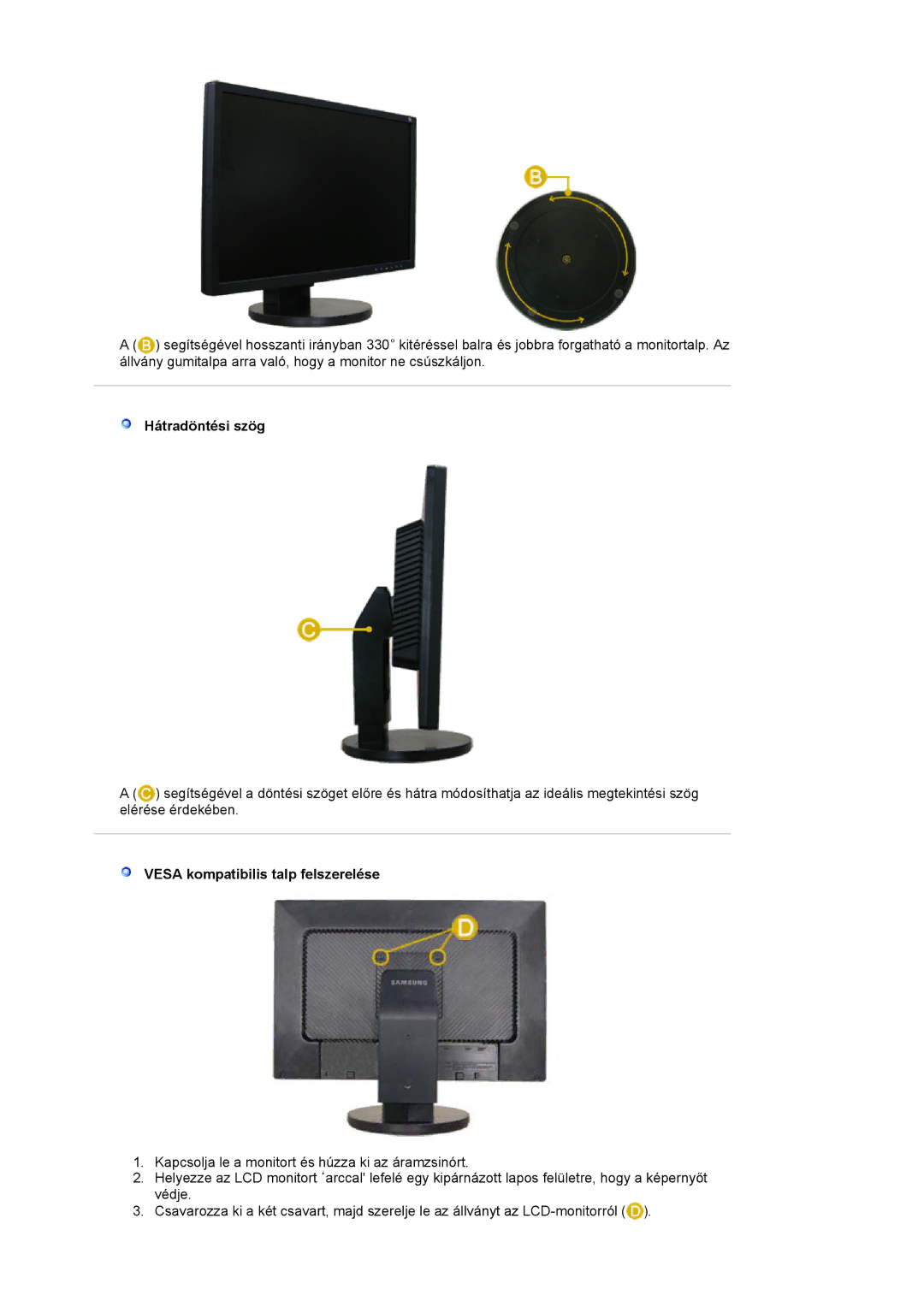 Samsung LS22DPWCSS/EDC, LS22DPWCSQ/EDC manual Hátradöntési szög, Vesa kompatibilis talp felszerelése 