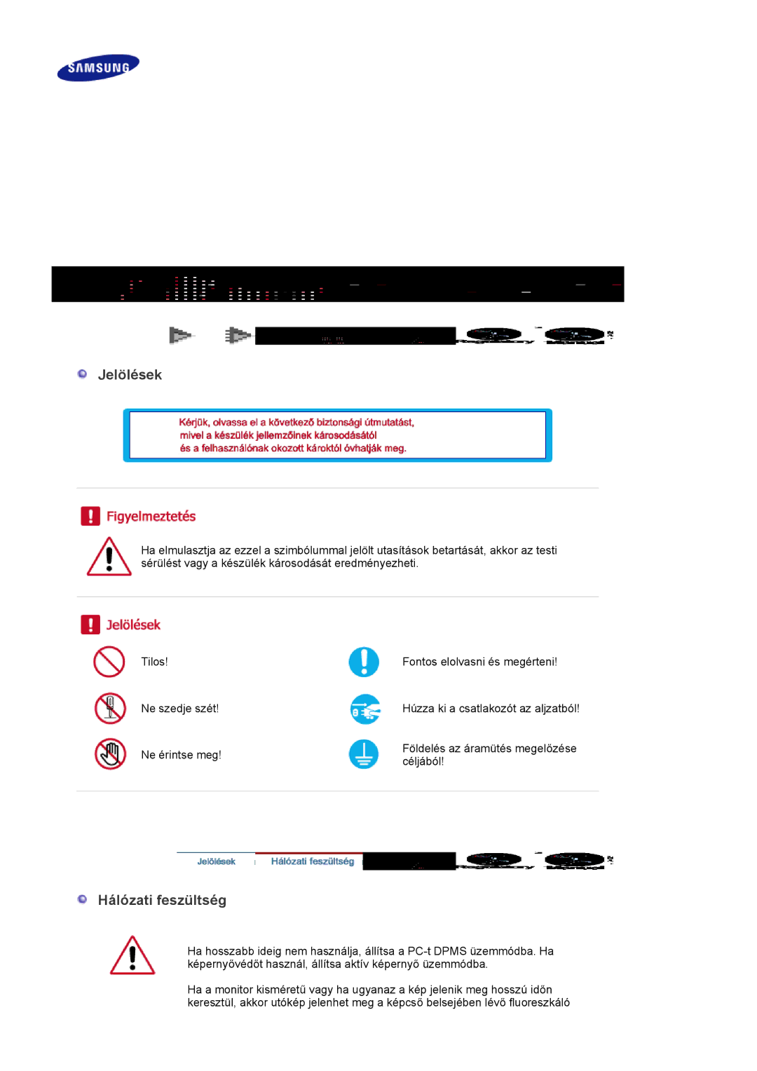 Samsung LS22DPWCSQ/EDC, LS22DPWCSS/EDC manual Jelölések, Hálózati feszültség 