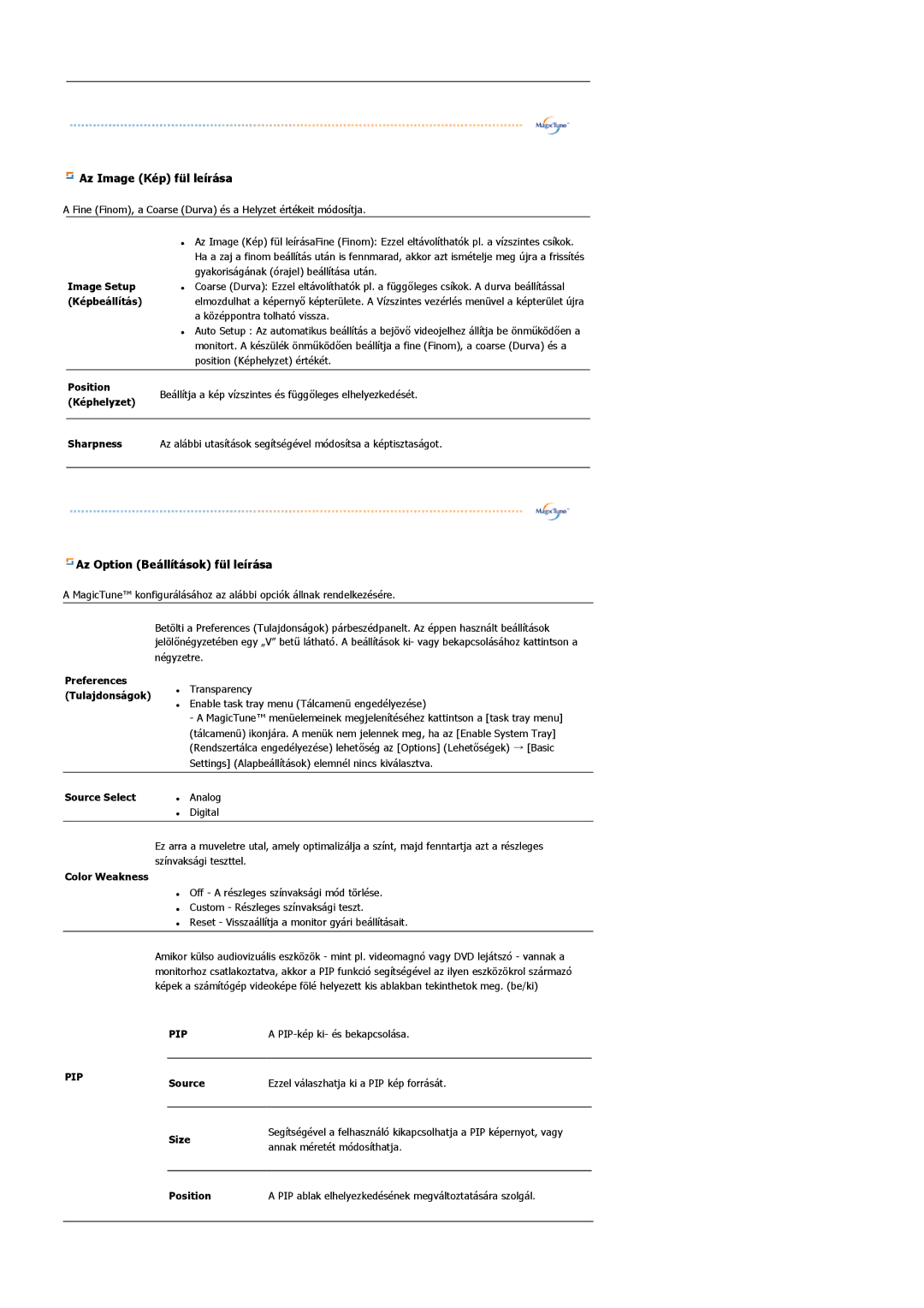 Samsung LS22DPWCSS/EDC Image Setup, Képbeállítás, Position, Képhelyzet, Sharpness, Source Select, Color Weakness, Size 