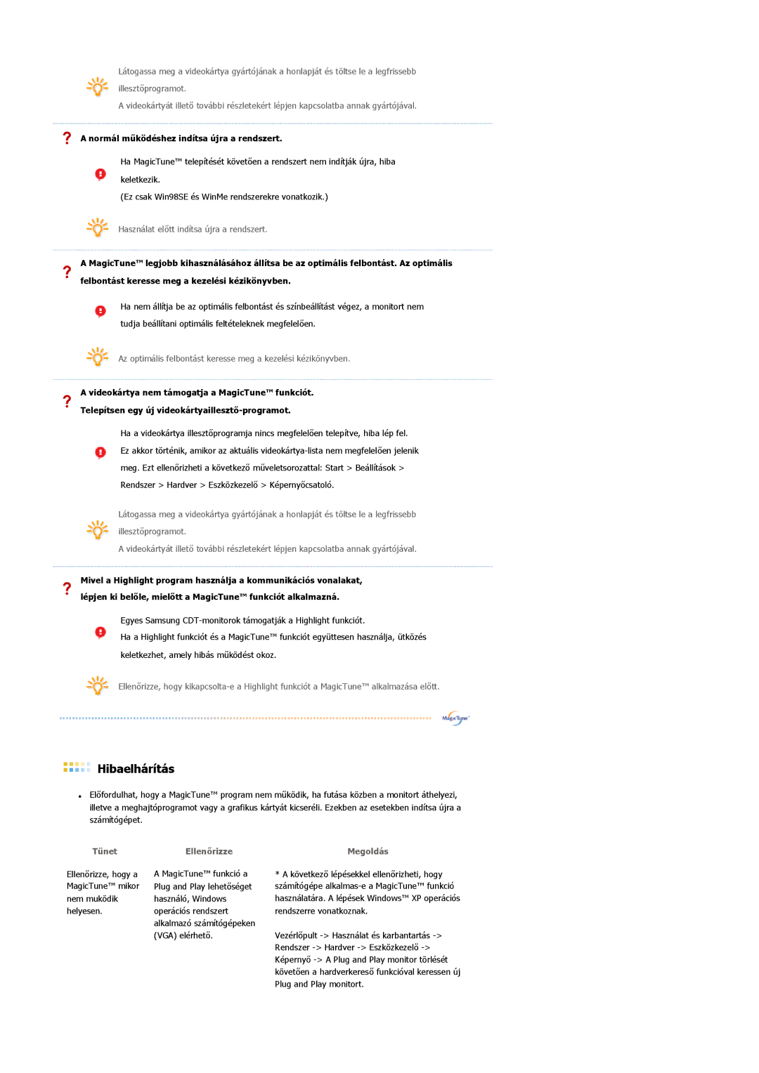 Samsung LS22DPWCSQ/EDC, LS22DPWCSS/EDC manual Normál működéshez indítsa újra a rendszert, Tünet Ellenőrizze 