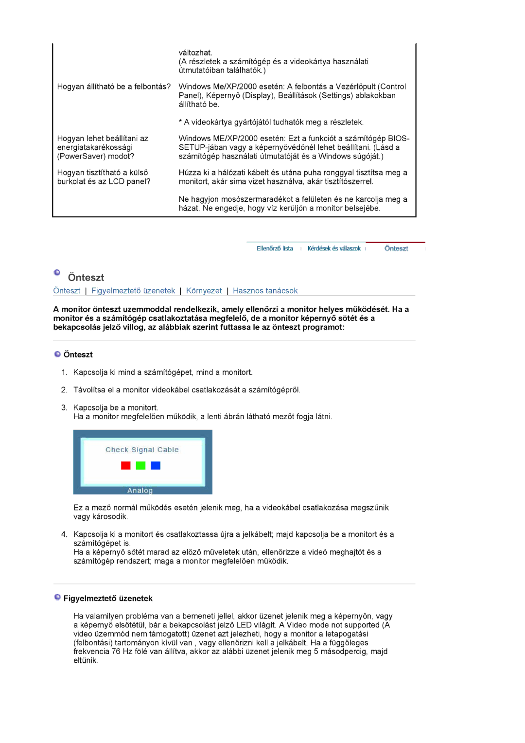 Samsung LS22DPWCSS/EDC, LS22DPWCSQ/EDC manual Önteszt, Figyelmeztető üzenetek 