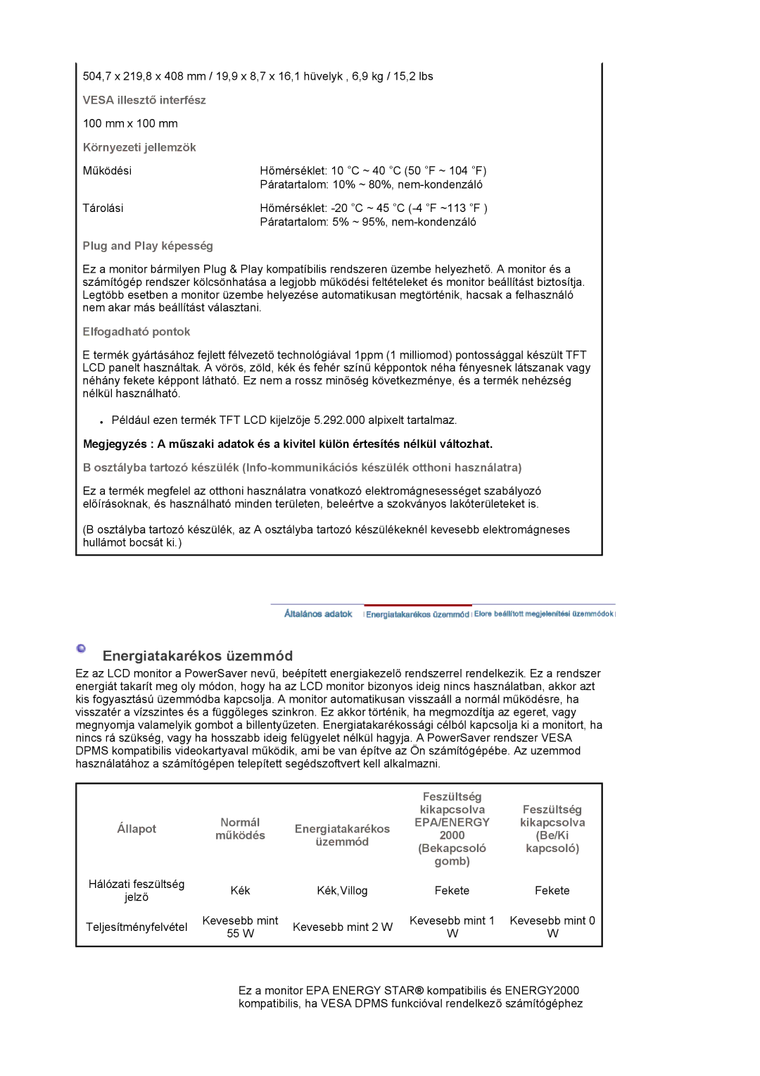 Samsung LS22DPWCSQ/EDC, LS22DPWCSS/EDC manual Energiatakarékos üzemmód 