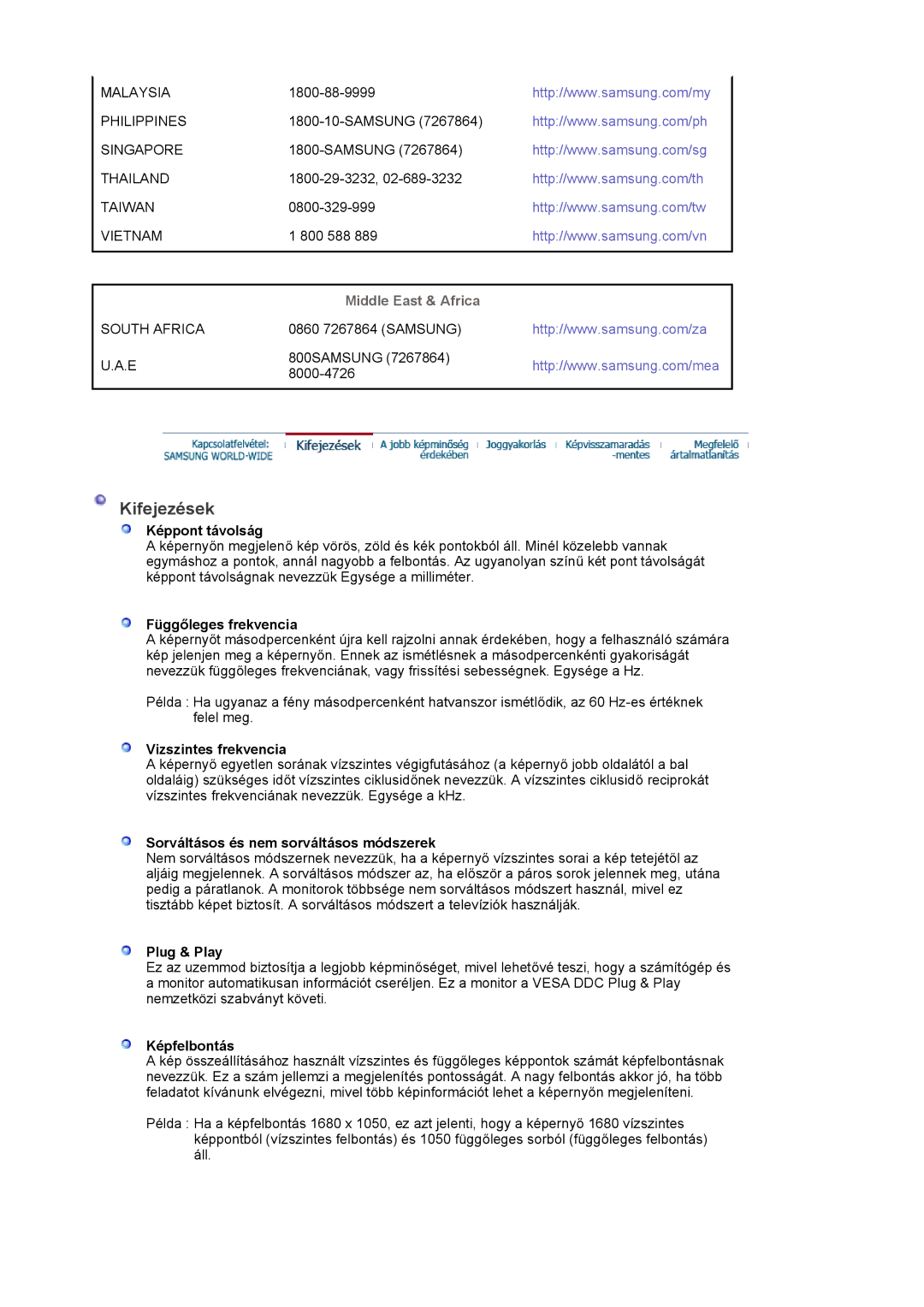 Samsung LS22DPWCSS/EDC, LS22DPWCSQ/EDC manual Kifejezések, Middle East & Africa 