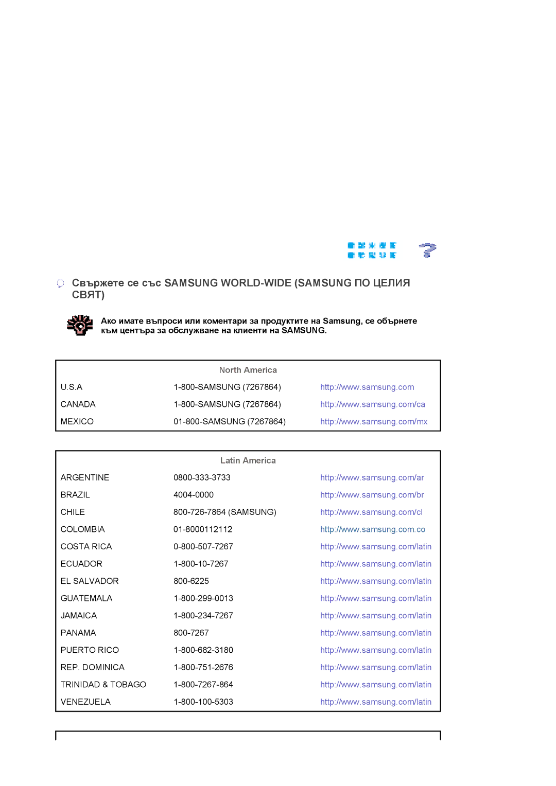 Samsung LS22DPWCSQ/EDC manual Свържете се със Samsung WORLD-WIDE Samsung ПО Целия Свят, North America, Latin America 