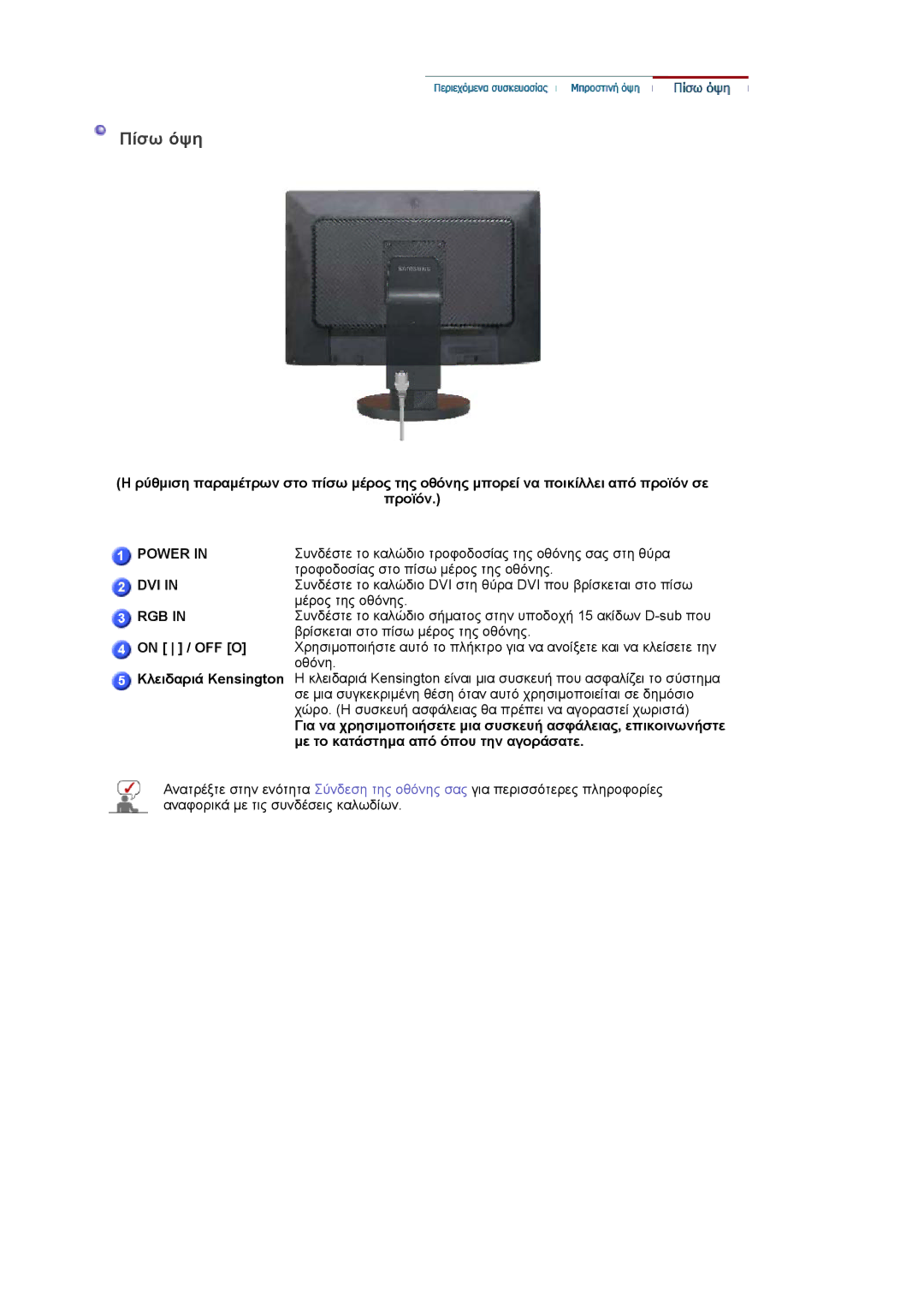 Samsung LS22DPWCSQ/EDC manual Πίσω όψη, On / OFF O, Κλειδαριά Kensington, Με το κατάστηµα από όπου την αγοράσατε 