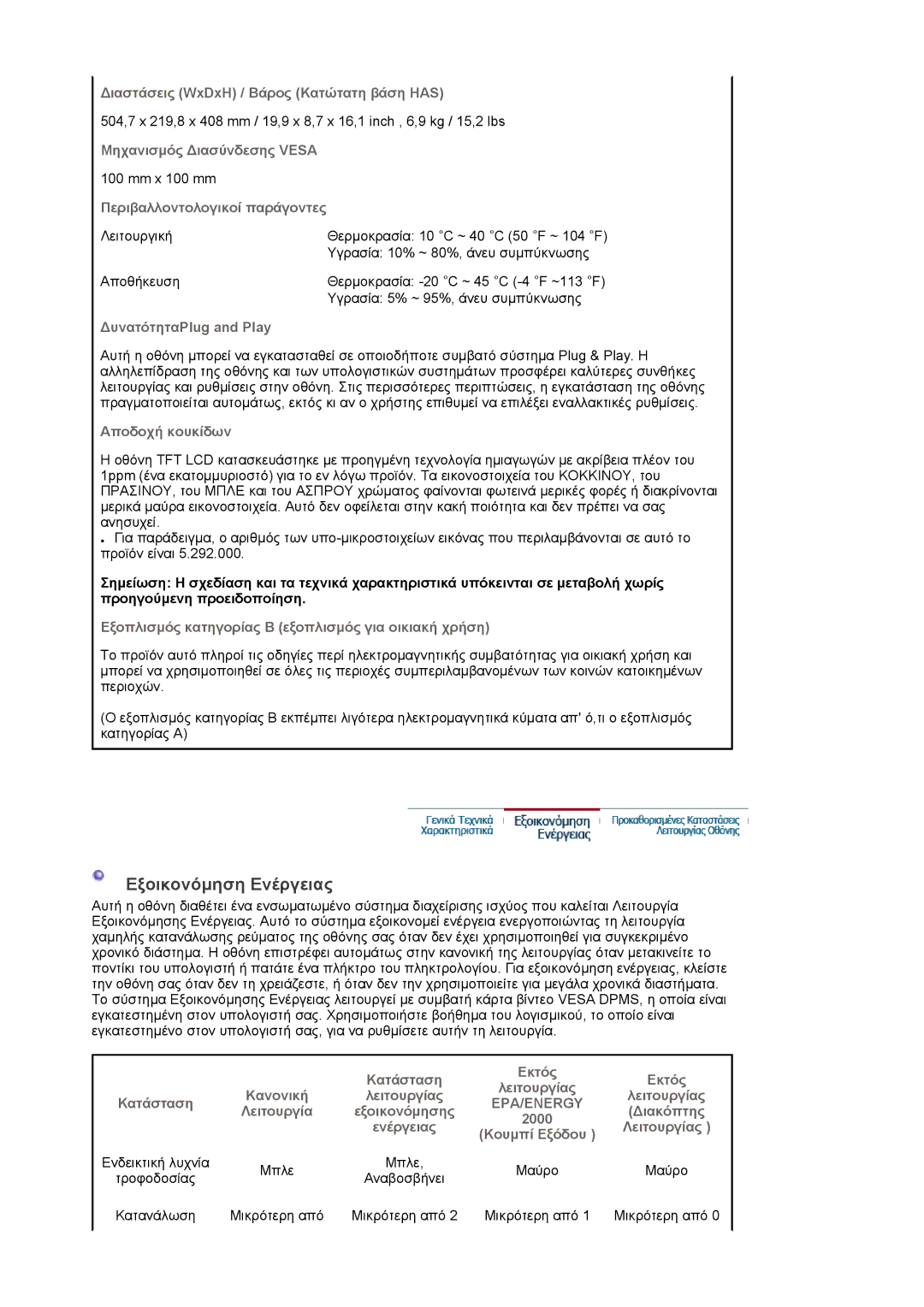 Samsung LS22DPWCSQ/EDC manual Εξοικονόµηση Ενέργειας 