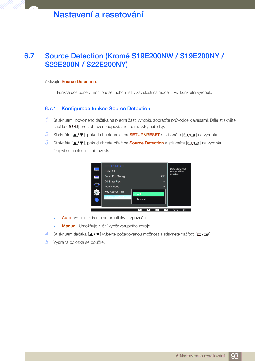 Samsung LS24E20KBL/EN, LS22E20KBS/EN, LS19E45KMW/EN, LS19E45KBW/EN manual Konfigurace funkce Source Detection, Setup&Reset 