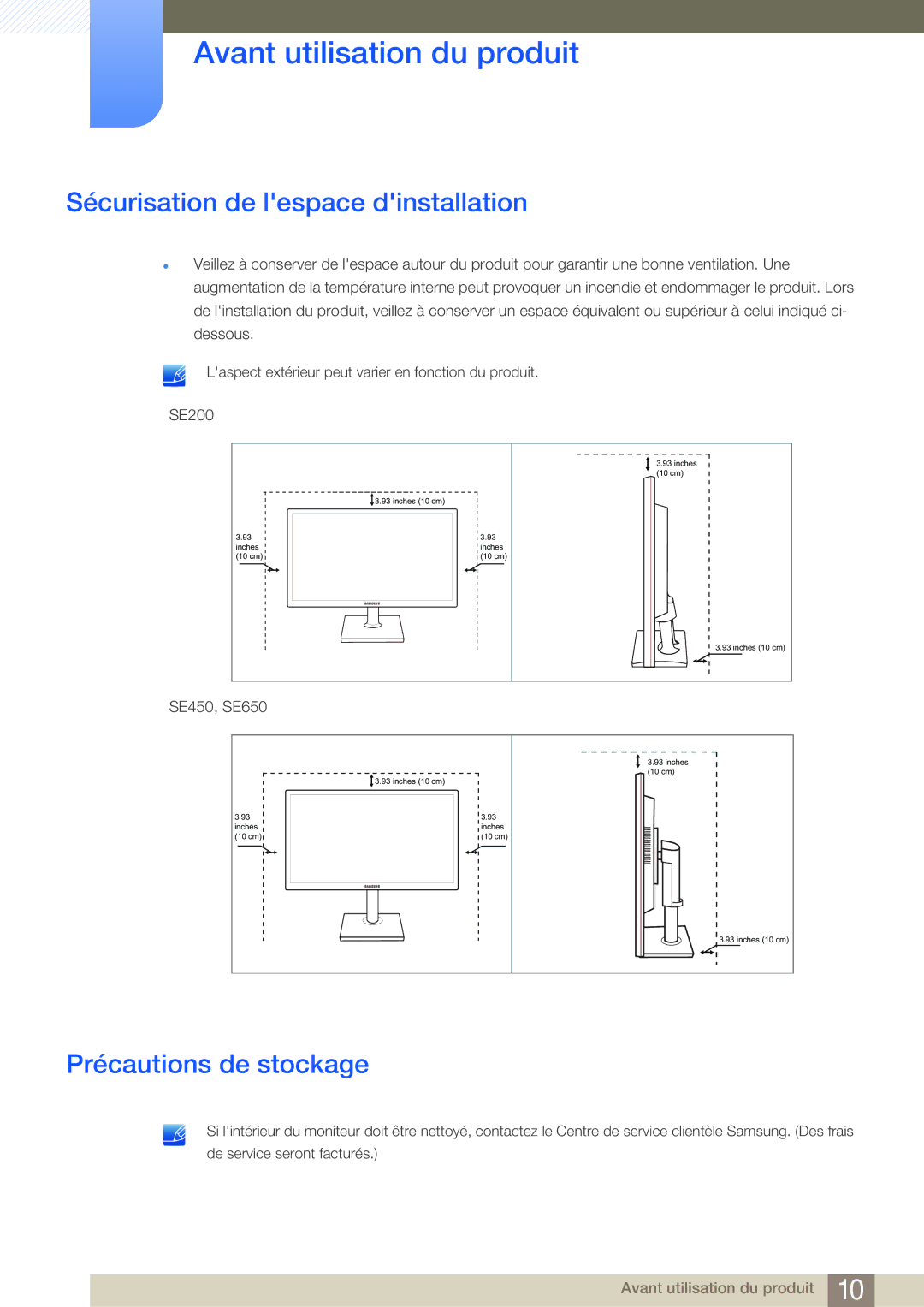 Samsung LS24E20KBL/EN, LS22E20KBS/EN, LS19E45KMW/EN manual Sécurisation de lespace dinstallation, Précautions de stockage 