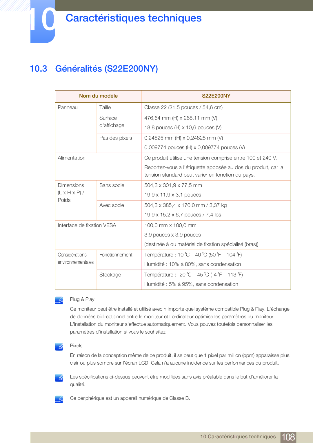 Samsung LS24E45KBSV/EN, LS22E20KBS/EN, LS19E45KMW/EN, LS19E45KBW/EN manual 10.3 Généralités S22E200NY, Nom du modèle S22E200NY 