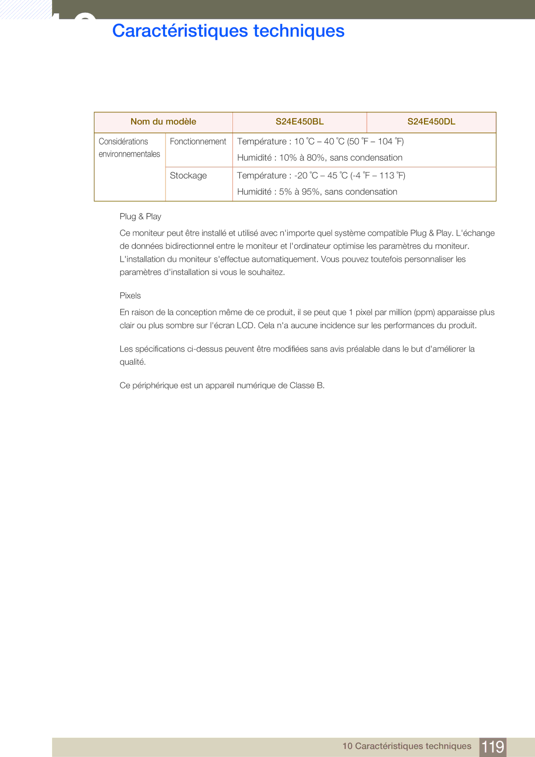 Samsung LS22E45KMSV/EN, LS22E20KBS/EN, LS19E45KMW/EN, LS19E45KBW/EN, LS27E45KBS/EN manual Considérations Fonctionnement 