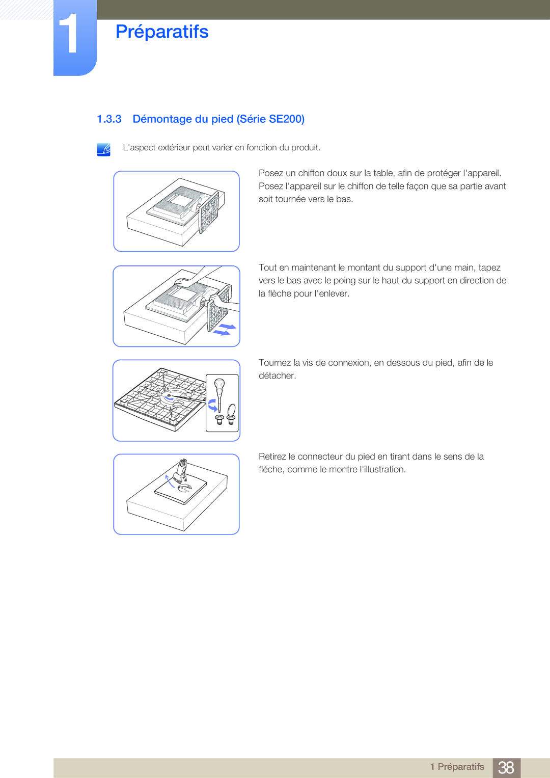 Samsung LS22E20KBS/EN, LS19E45KMW/EN, LS19E45KBW/EN, LS27E45KBS/EN, LS22E45UDWG/EN manual 3 Démontage du pied Série SE200 