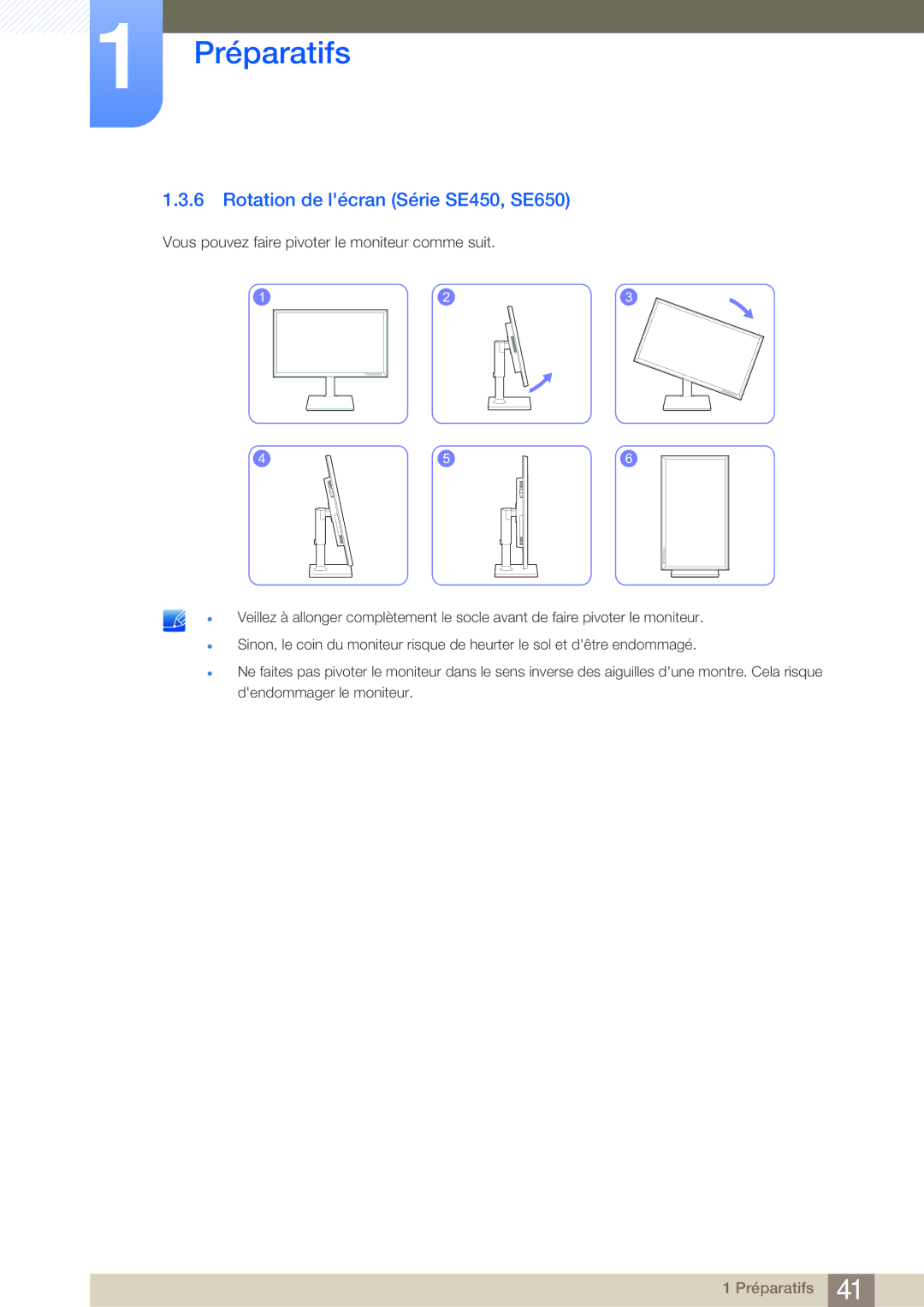 Samsung LS27E45KBS/EN manual Rotation de lécran Série SE450, SE650, Vous pouvez faire pivoter le moniteur comme suit 