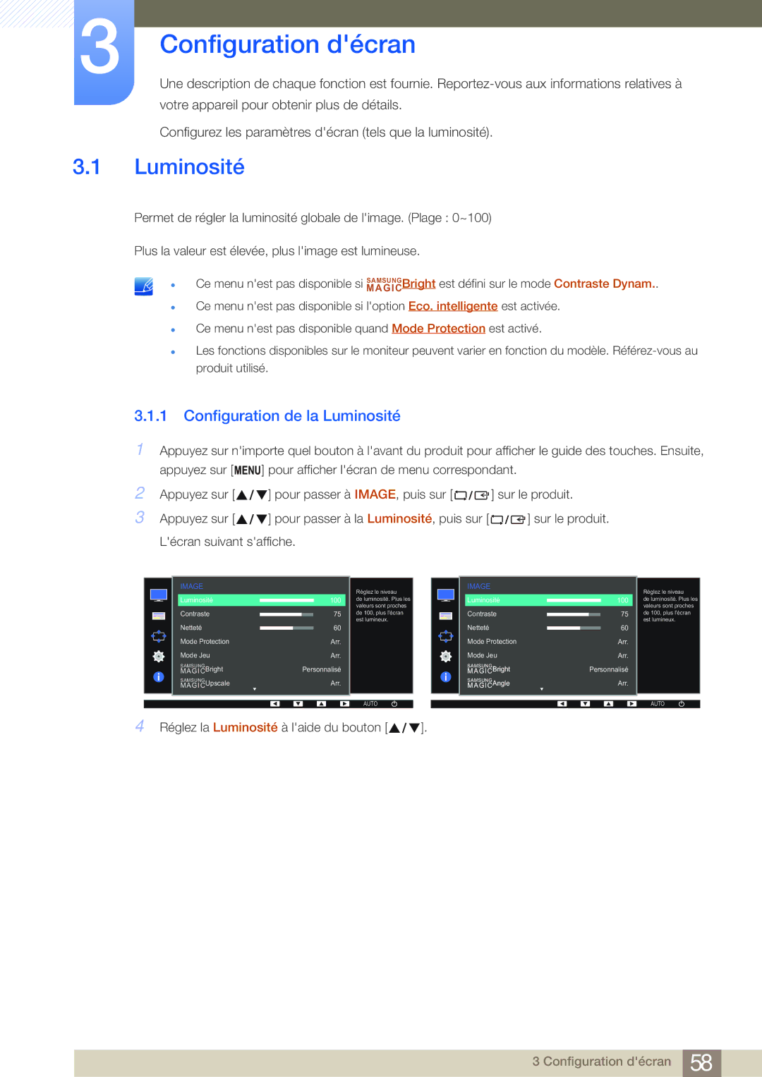 Samsung LS19E45KMW/EN, LS22E20KBS/EN, LS19E45KBW/EN, LS27E45KBS/EN Configuration décran, Configuration de la Luminosité 