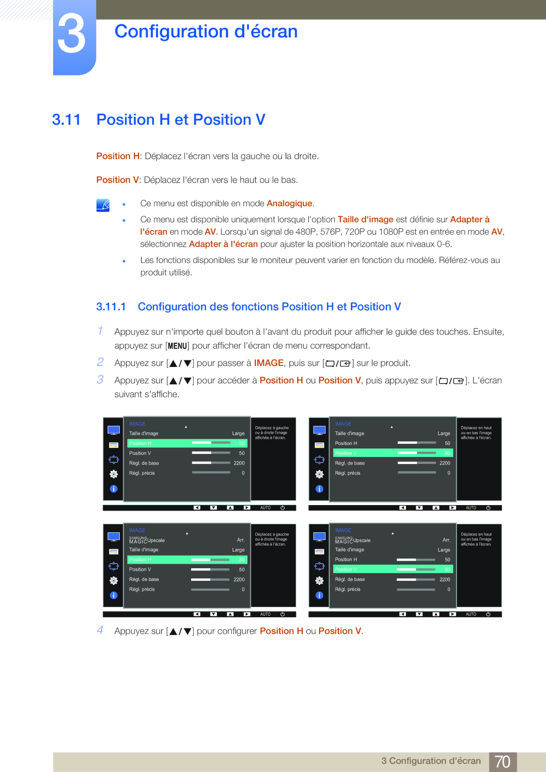 Samsung LS24E45KBSV/EN, LS22E20KBS/EN, LS19E45KMW/EN, LS19E45KBW/EN Configuration des fonctions Position H et Position 