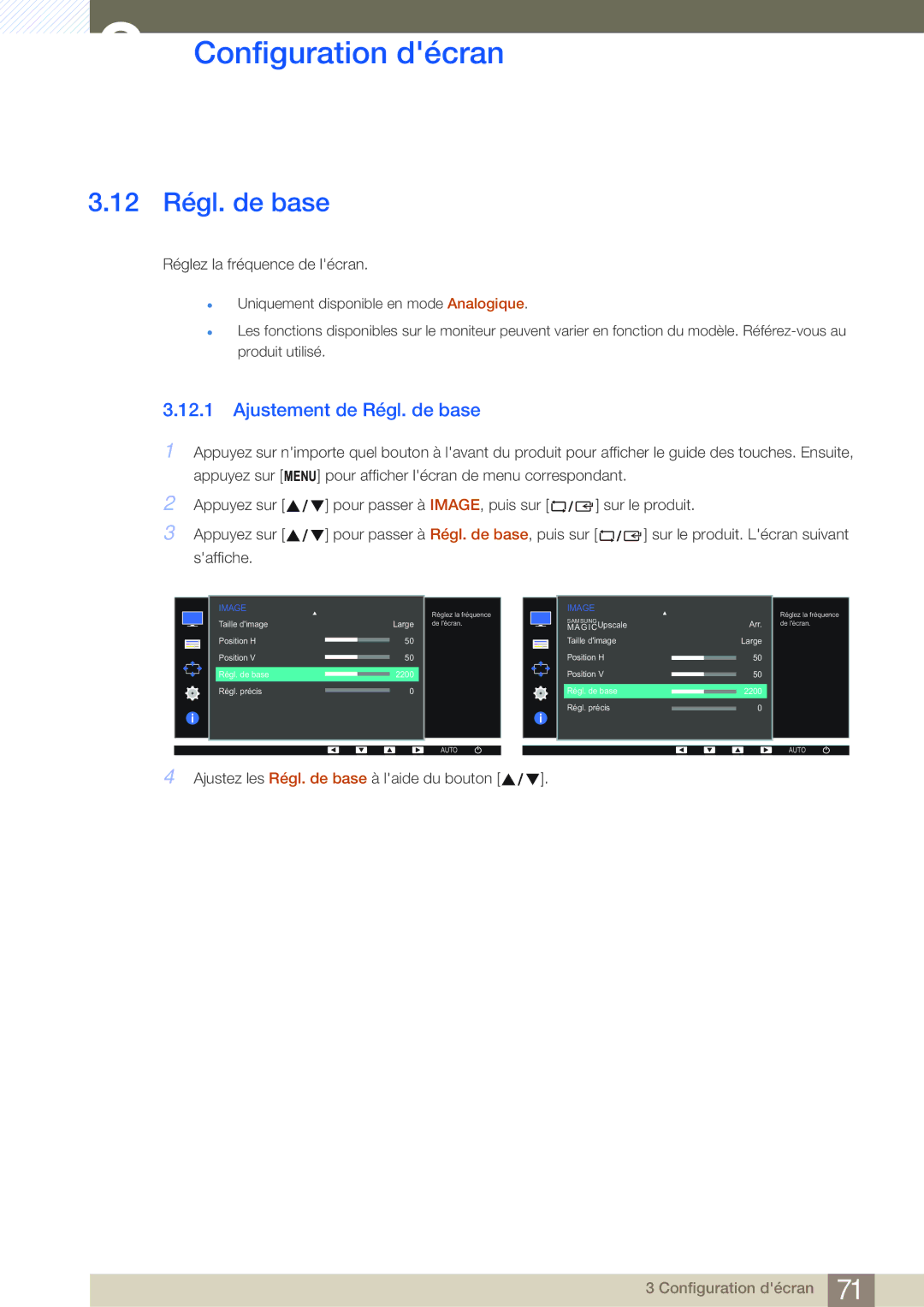 Samsung LS27E45KBH/EN, LS22E20KBS/EN, LS19E45KMW/EN, LS19E45KBW/EN manual 12 Régl. de base, Ajustement de Régl. de base 
