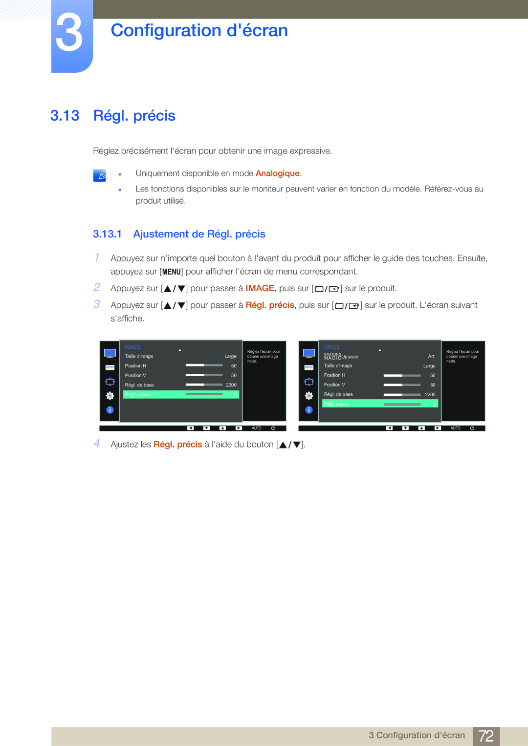 Samsung LS24E65KBWV/EN, LS22E20KBS/EN, LS19E45KMW/EN, LS19E45KBW/EN manual 13 Régl. précis, Ajustement de Régl. précis 