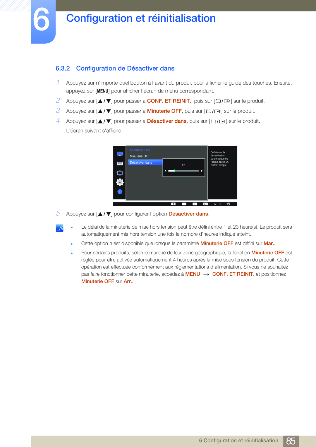 Samsung LS24E45UFS/EN, LS22E20KBS/EN, LS19E45KMW/EN, LS19E45KBW/EN manual Configuration de Désactiver dans, Minuterie OFF 