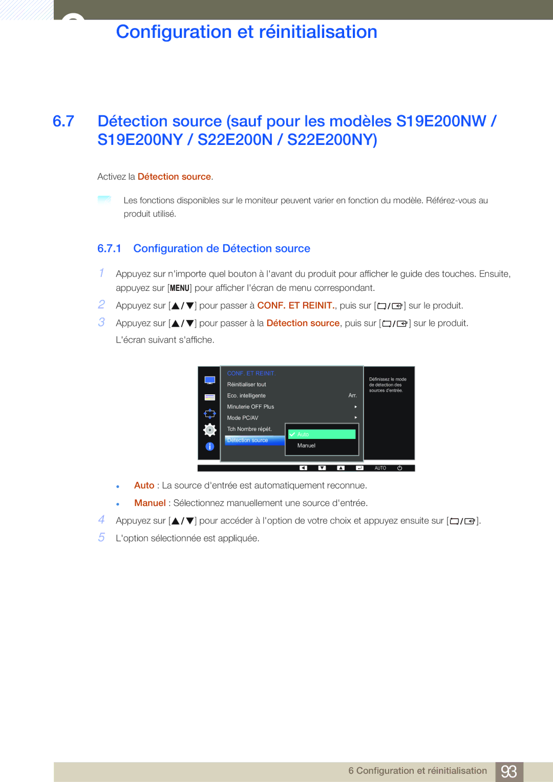 Samsung LS23E45KBS/EN, LS22E20KBS/EN, LS19E45KMW/EN manual Configuration de Détection source, Activez la Détection source 