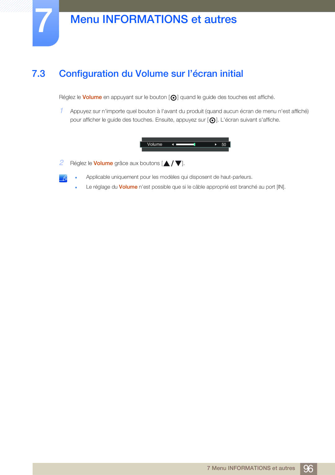 Samsung LS19E45KMW/EN, LS22E20KBS/EN, LS19E45KBW/EN, LS27E45KBS/EN, LS24E45UFS/EN Configuration du Volume sur l’écran initial 