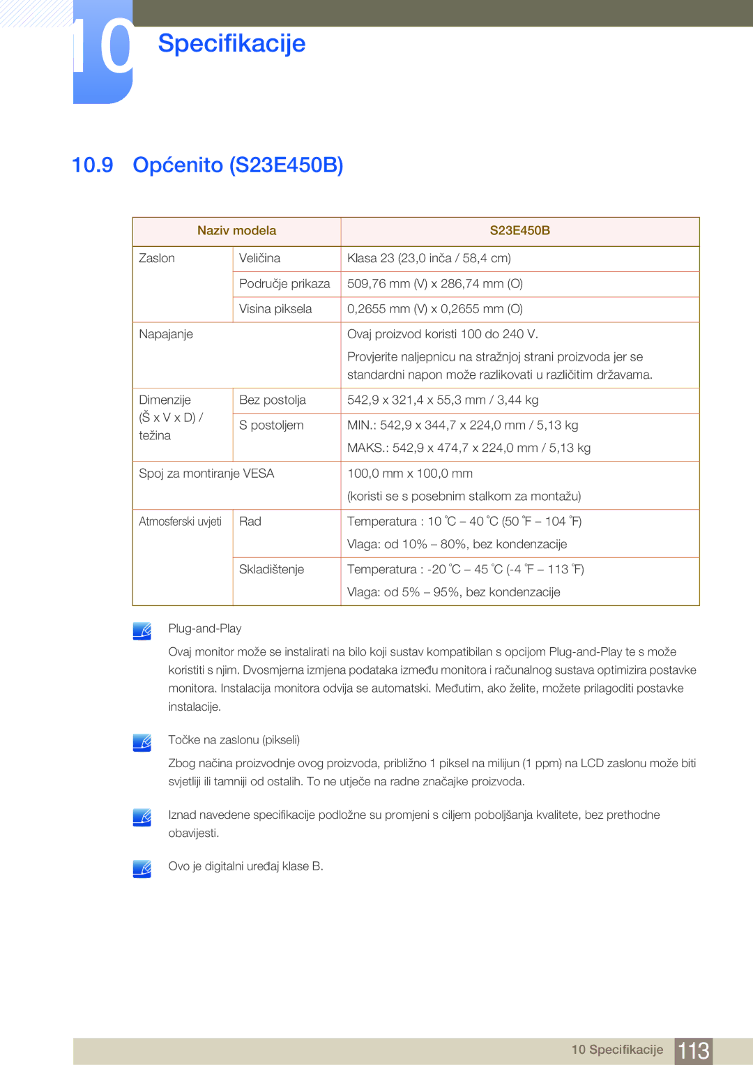 Samsung LS22E45KBWV/EN, LS22E20KBS/EN, LS24E45KBSV/EN, LS24E65KBWV/EN manual 10.9 Općenito S23E450B, Naziv modela S23E450B 