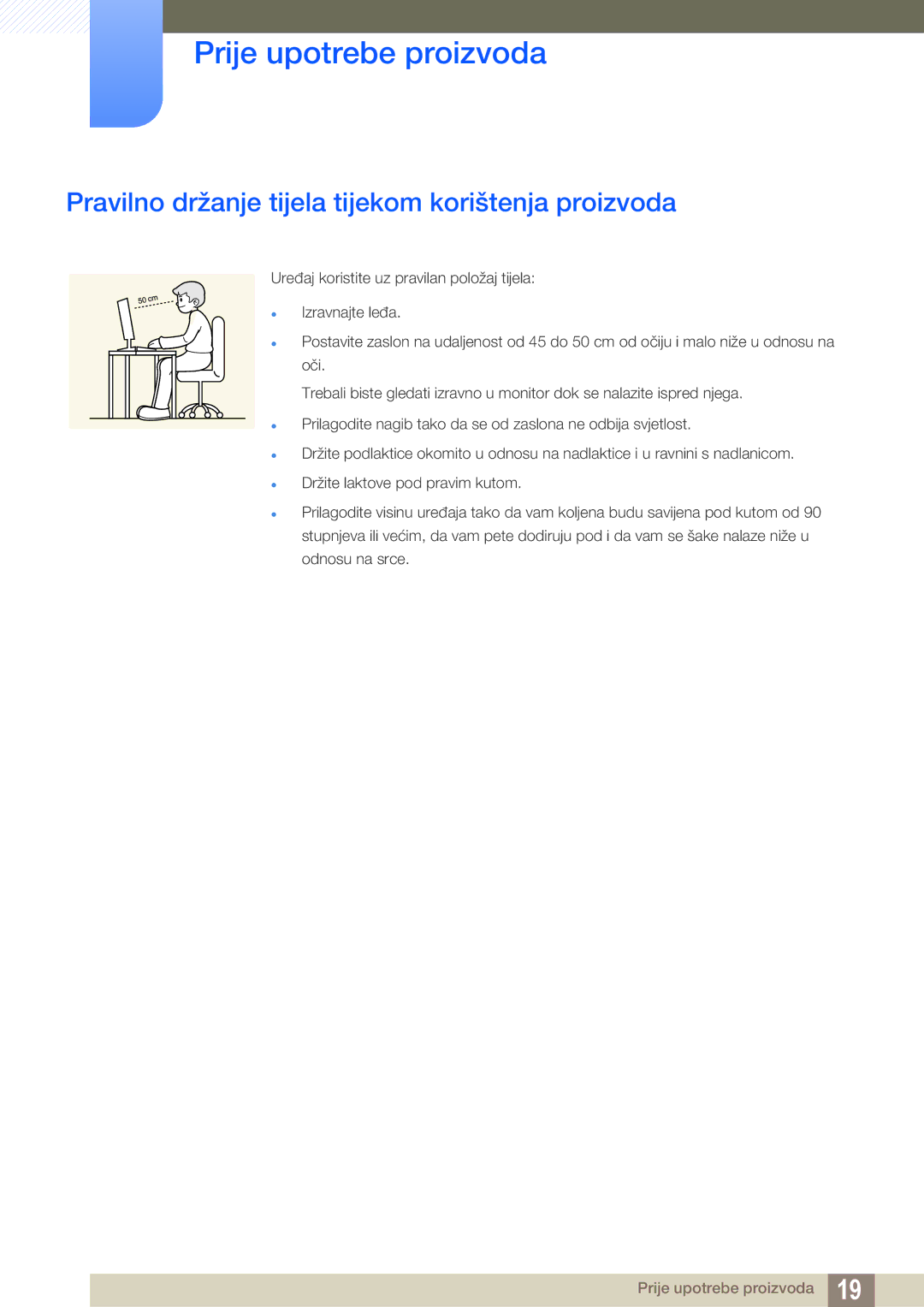 Samsung LS24E65KBWV/EN, LS22E20KBS/EN, LS22E45KBWV/EN, LS24E45KBSV/EN Pravilno držanje tijela tijekom korištenja proizvoda 