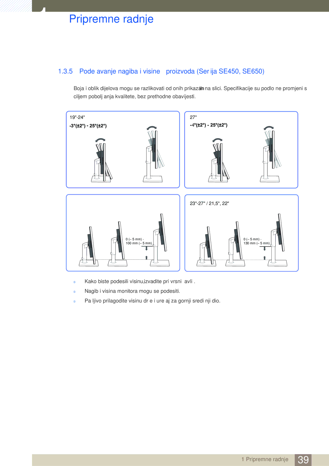 Samsung LS24E65KBWV/EN, LS22E20KBS/EN, LS22E45KBWV/EN manual Podešavanje nagiba i visine proizvoda Serija SE450, SE650 
