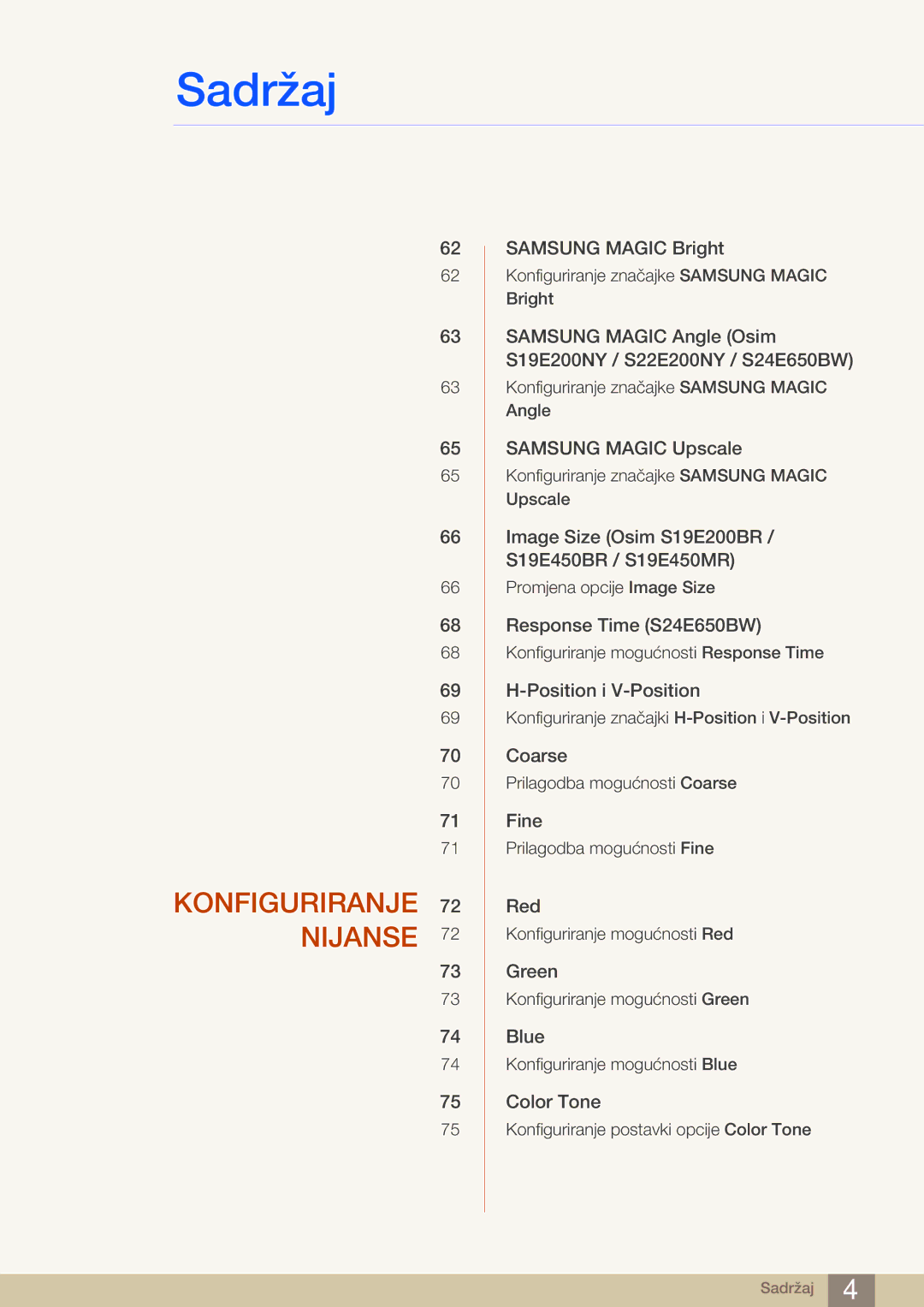 Samsung LS22E20KBS/EN, LS22E45KBWV/EN, LS24E45KBSV/EN, LS24E65KBWV/EN manual Konfiguriranje 72 Nijanse 