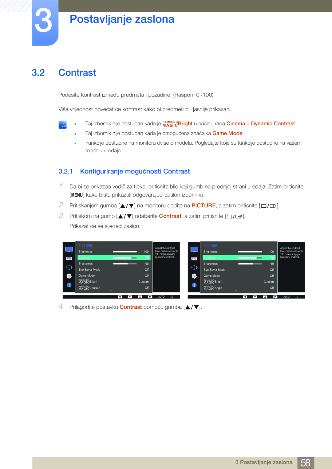 Samsung LS24E45KBSV/EN, LS22E20KBS/EN, LS22E45KBWV/EN, LS24E65KBWV/EN manual Konfiguriranje mogućnosti Contrast 