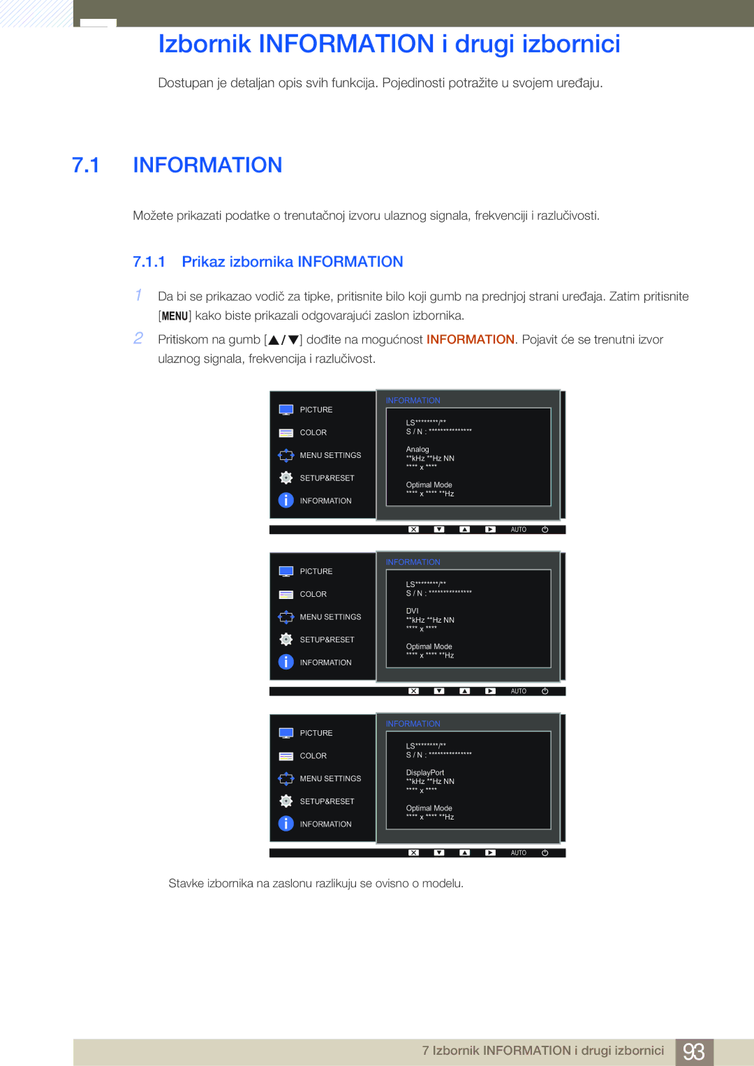 Samsung LS22E45KBWV/EN, LS22E20KBS/EN, LS24E45KBSV/EN Izbornik Information i drugi izbornici, Prikaz izbornika Information 