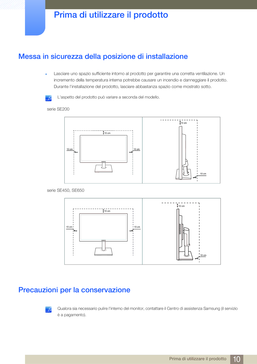 Samsung LS24E45UFS/EN, LS22E20KBS/EN Messa in sicurezza della posizione di installazione, Precauzioni per la conservazione 