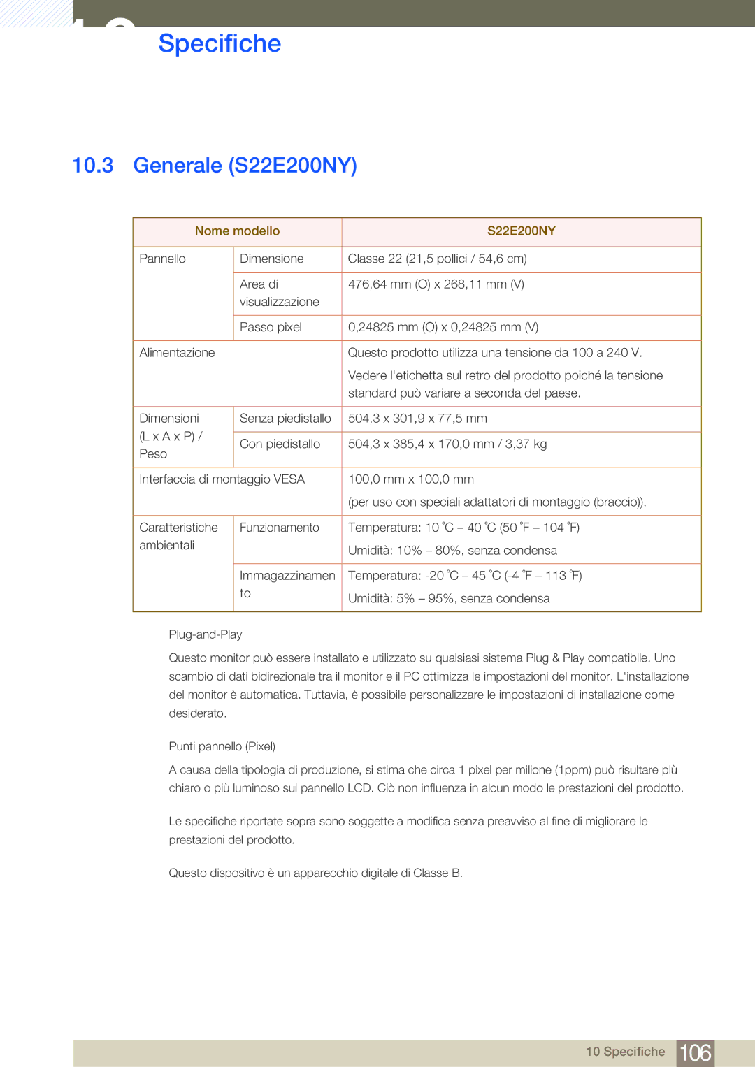 Samsung LS24E45UFS/EN, LS22E20KBS/EN, LS22E45KMSV/EN, LS22E45KMWV/EN manual Generale S22E200NY, Nome modello S22E200NY 