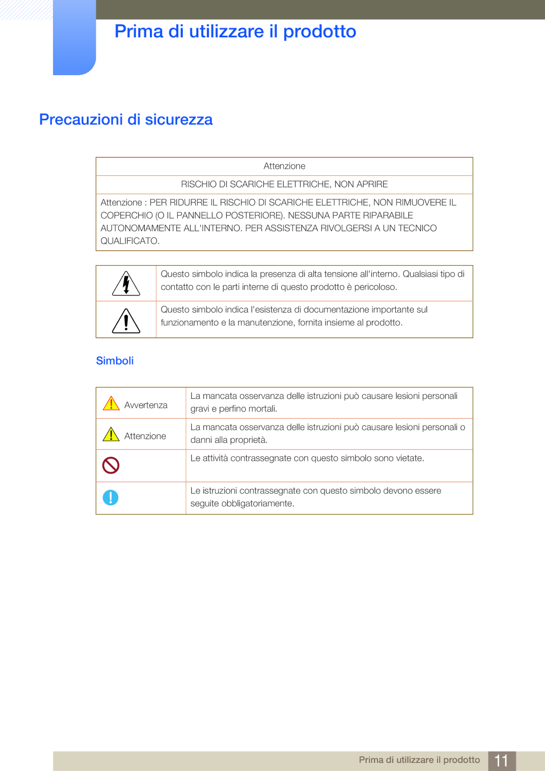 Samsung LS22E45KMWV/EN, LS22E20KBS/EN, LS22E45KMSV/EN, LS24E45UFS/EN, LS24E65KBWV/EN manual Precauzioni di sicurezza, Simboli 