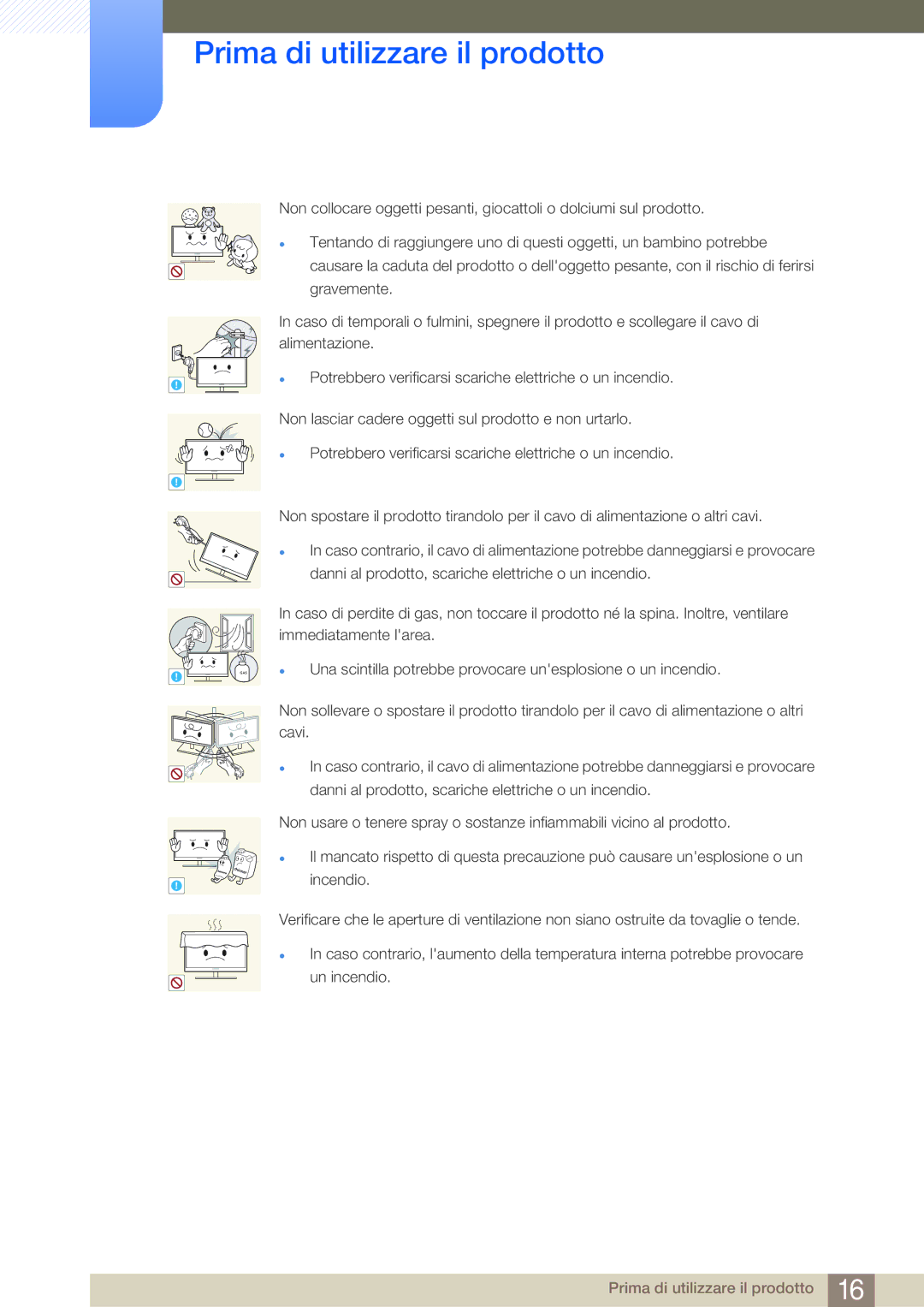 Samsung LS22E20KBS/EN, LS22E45KMSV/EN, LS24E45UFS/EN manual Una scintilla potrebbe provocare unesplosione o un incendio 