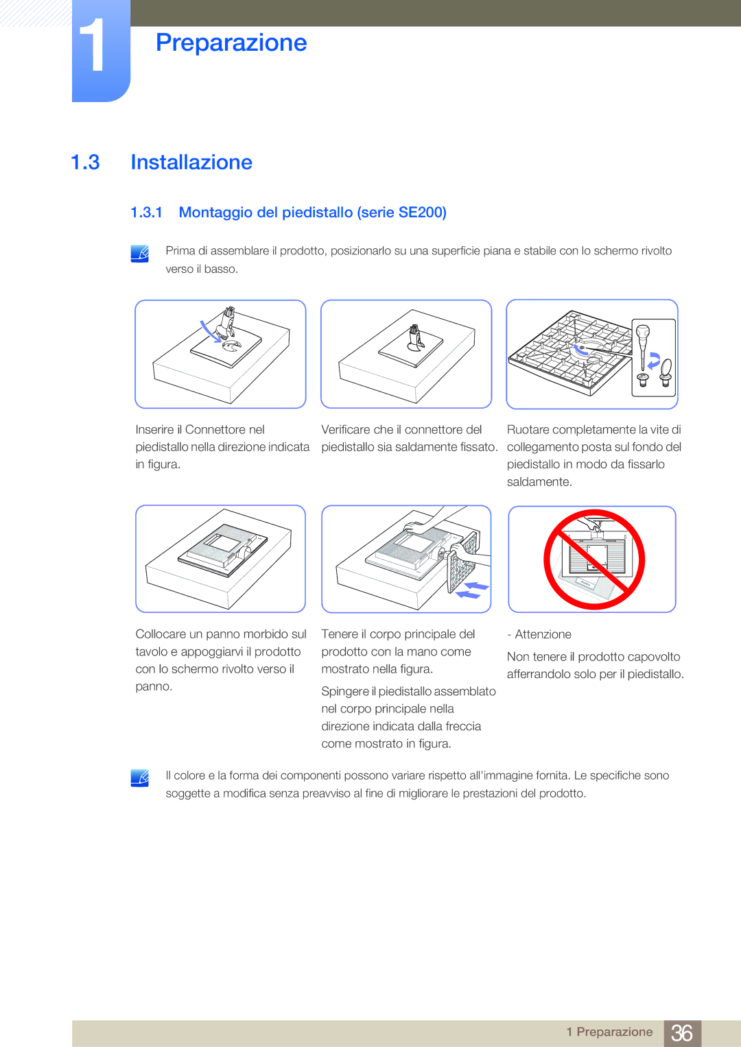 Samsung LS24E65KBWV/EN, LS22E20KBS/EN, LS22E45KMSV/EN, LS24E45UFS/EN Installazione, Montaggio del piedistallo serie SE200 