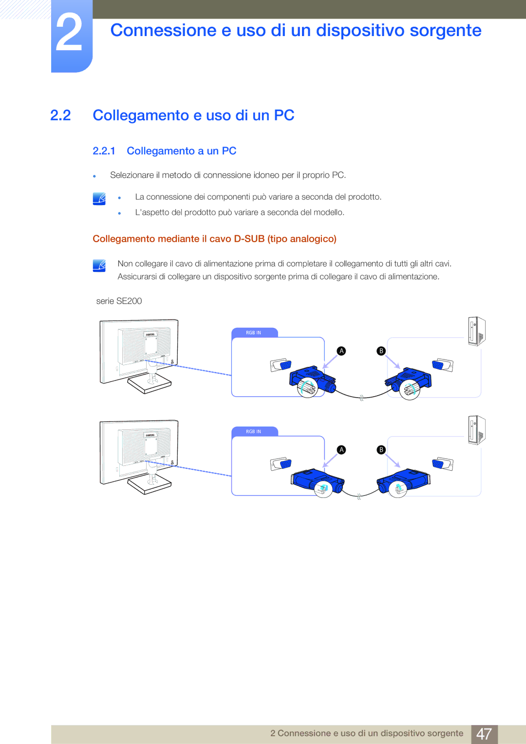 Samsung LS22E45UDW/EN, LS22E20KBS/EN, LS22E45KMSV/EN, LS24E45UFS/EN manual Collegamento e uso di un PC, Collegamento a un PC 