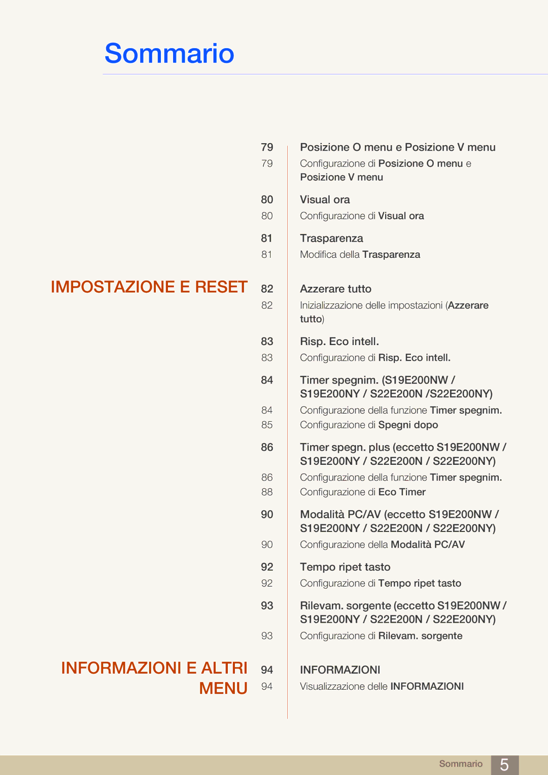 Samsung LS24E45KMS/EN, LS22E20KBS/EN, LS22E45KMSV/EN, LS24E45UFS/EN manual Impostazione E Reset Informazioni E Altri 94 Menu 