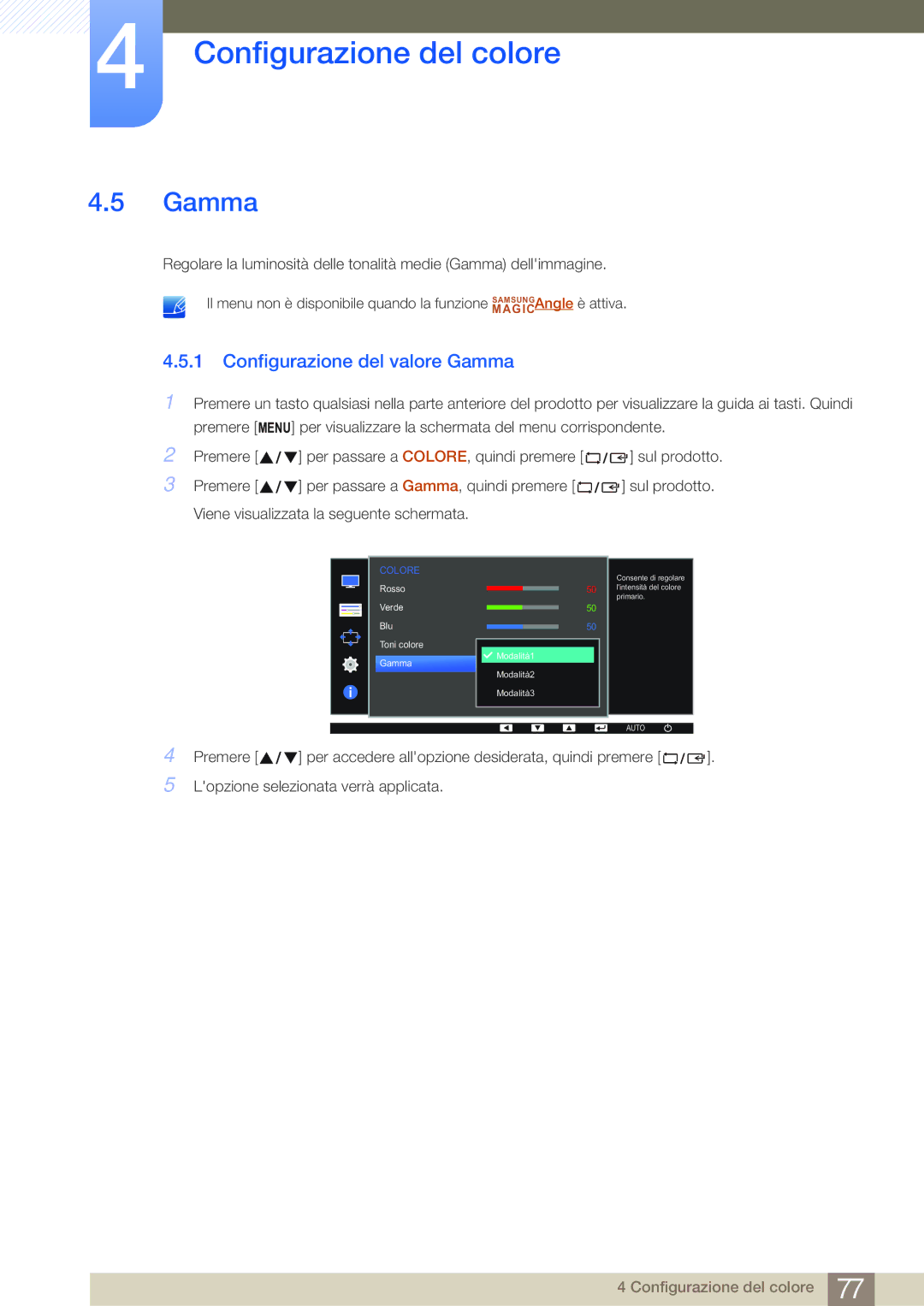 Samsung LS24E45KMS/EN, LS22E20KBS/EN, LS22E45KMSV/EN, LS24E45UFS/EN, LS22E45KMWV/EN manual Configurazione del valore Gamma 