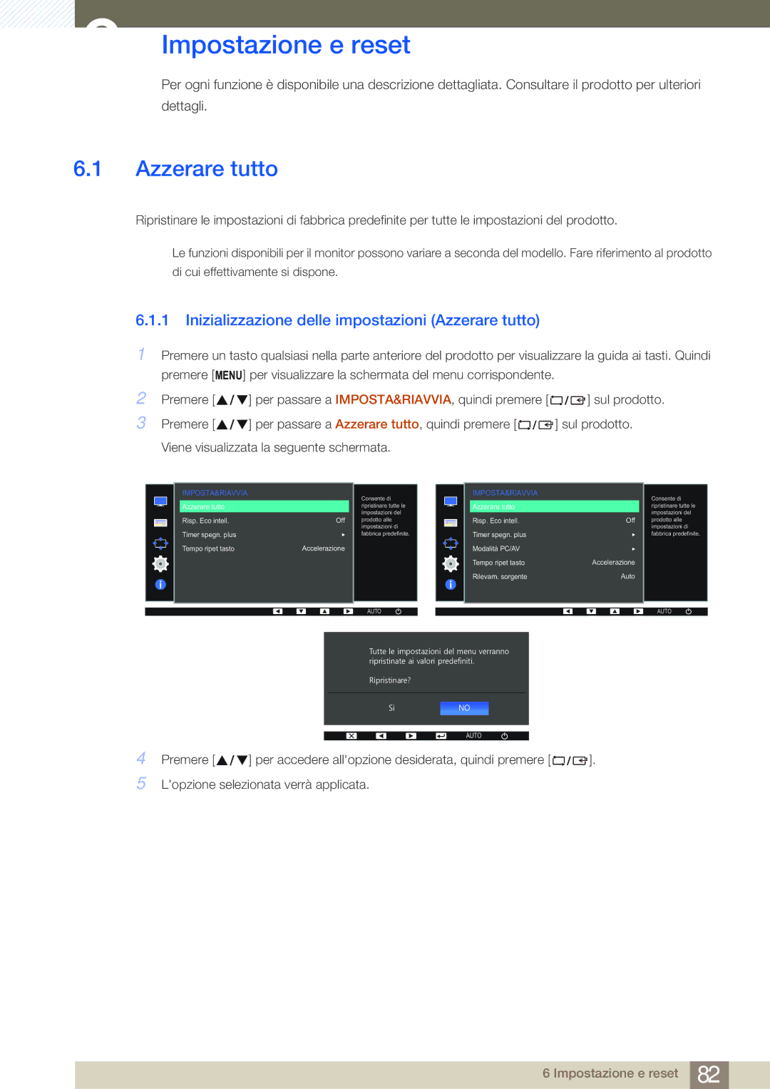 Samsung LS24E45UFS/EN, LS22E20KBS/EN manual Impostazione e reset, Inizializzazione delle impostazioni Azzerare tutto 