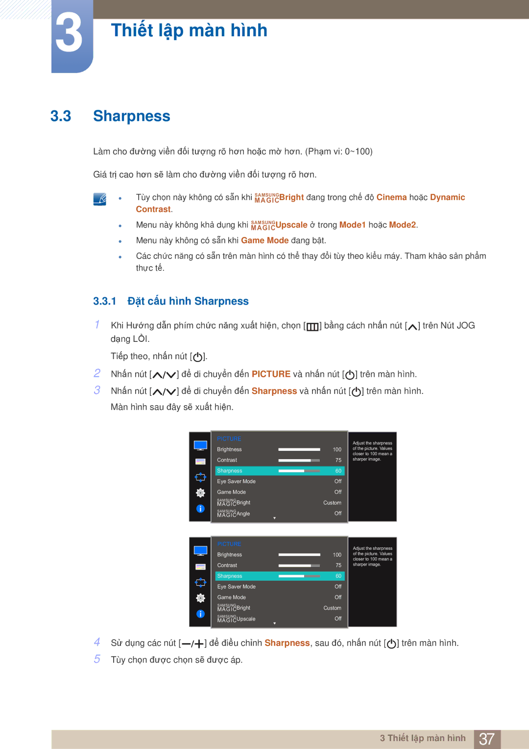 Samsung LS27E310HSG/XV, LS22E310HY/XV, LS24E310HL/XV, LS19E310HYMXV manual 1 Đặt cấu hình Sharpness 