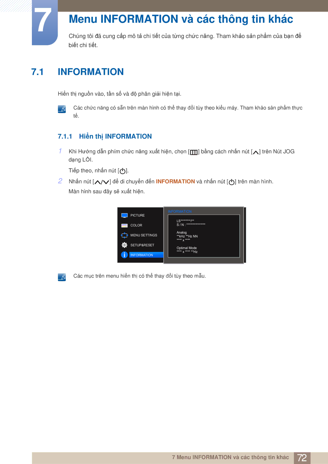 Samsung LS22E310HY/XV, LS27E310HSG/XV, LS24E310HL/XV manual Menu Information và các thông tin khác, 1 Hiển thị Information 