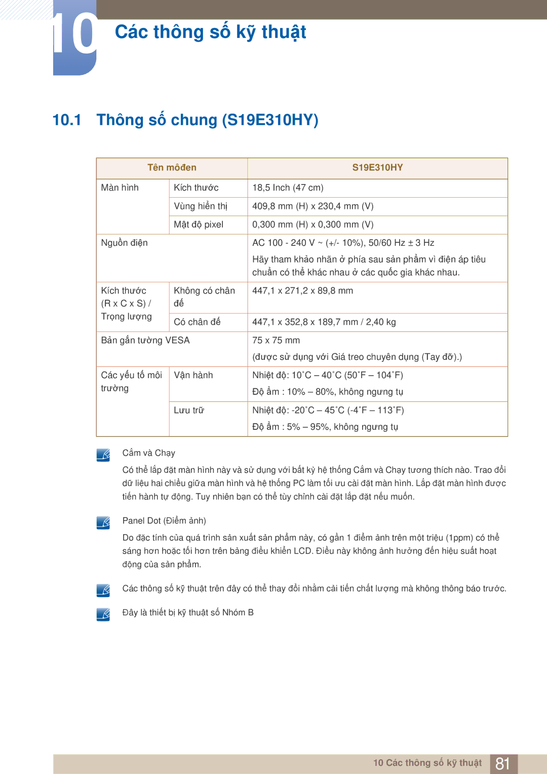 Samsung LS27E310HSG/XV, LS22E310HY/XV manual 10 Các thông số kỹ thuật, 10.1 Thông số chung S19E310HY, Tên môđen S19E310HY 