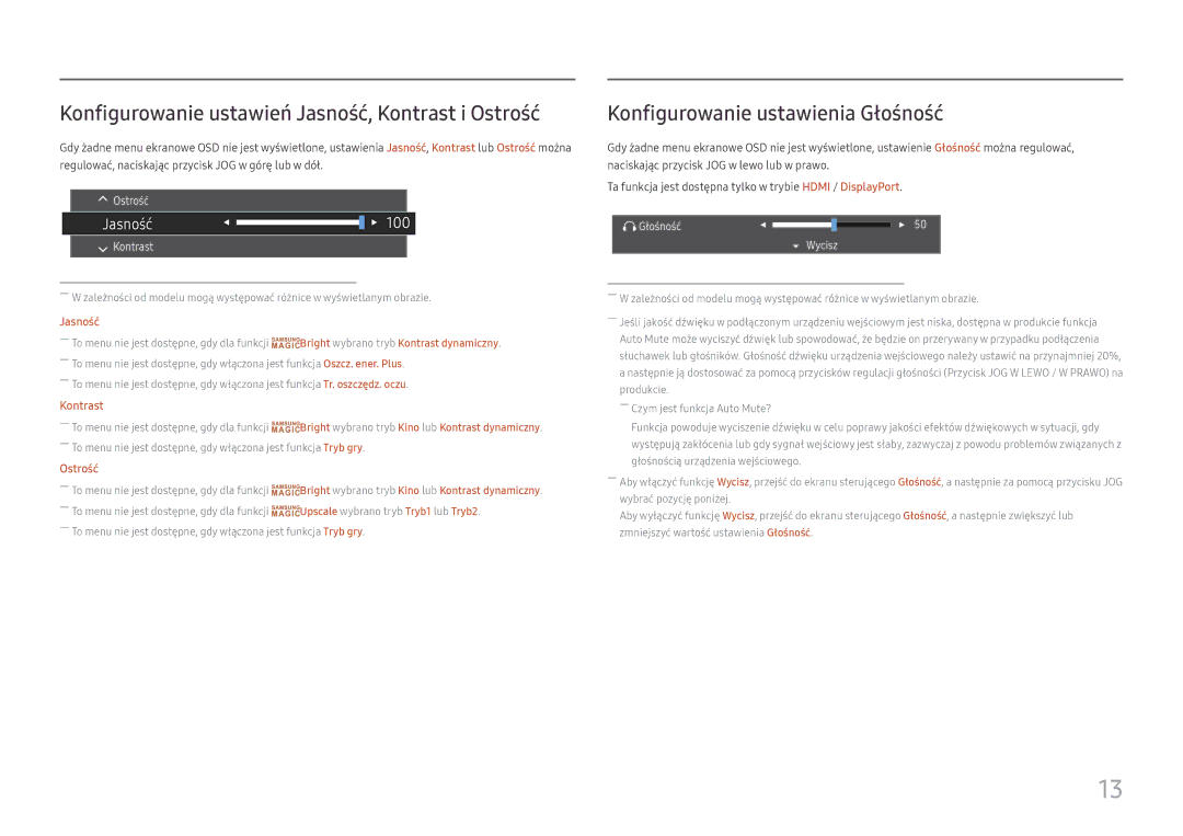 Samsung LS22E45UDW/EN manual Konfigurowanie ustawień Jasność, Kontrast i Ostrość, Konfigurowanie ustawienia Głośność 