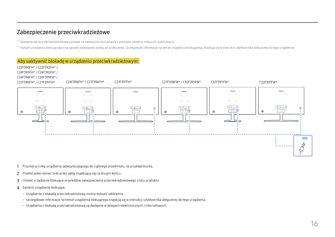 Samsung LS22E45UDWK/EN manual Zabezpieczenie przeciwkradzieżowe, Aby uaktywnić blokadę w urządzeniu przeciwkradzieżowym 