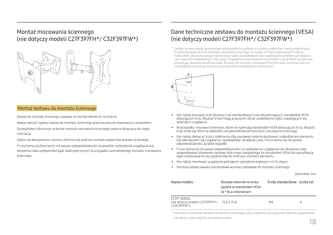 Samsung LS22E45UDWG/EN, LS22E45UDW/EN, LS24E45UDSC/XE, LS22E45UDWC/XE, LS22E45UDWK/EN Rozstaw otworów na śruby, W milimetrach 