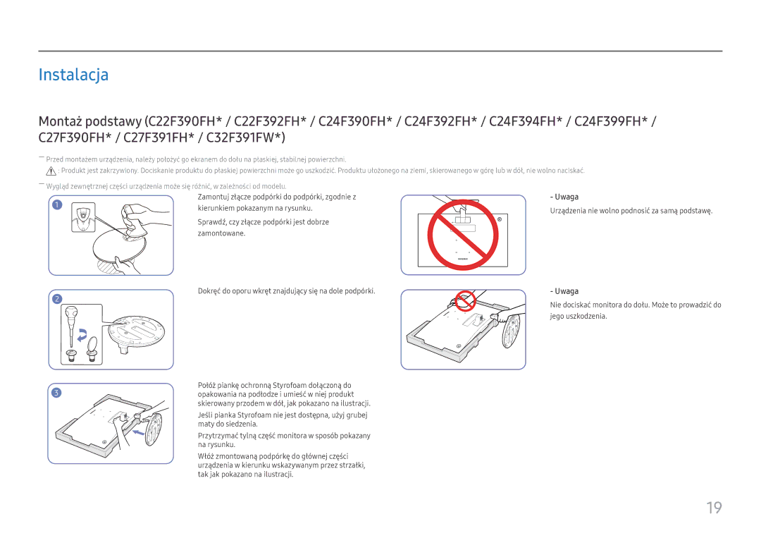 Samsung LS22E45UDW/EN, LS22E45UDWG/EN, LS24E45UDSC/XE, LS22E45UDWC/XE, LS22E45UDWK/EN, LS24E45UDLC/XE manual Instalacja, Uwaga 