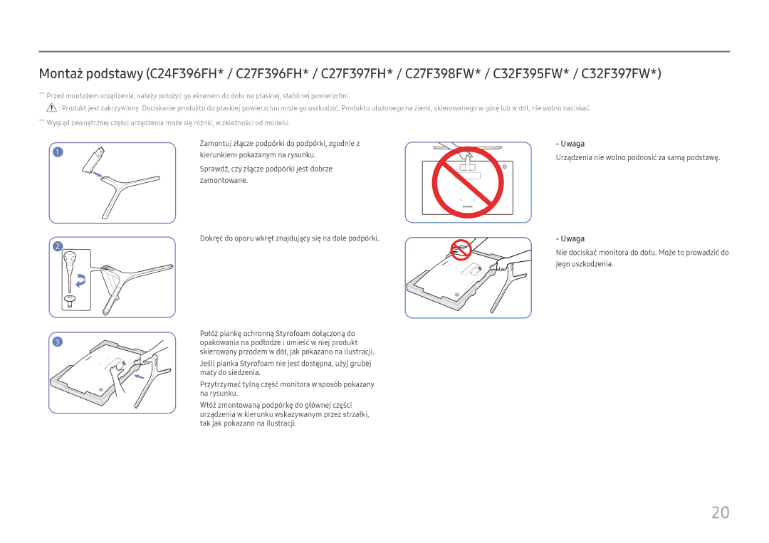 Samsung LS24E45UDSC/XE, LS22E45UDWG/EN, LS22E45UDW/EN, LS22E45UDWC/XE manual Urządzenia nie wolno podnosić za samą podstawę 