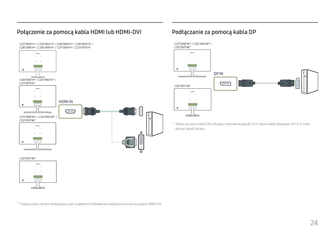 Samsung LS22E45UDWG/EN, LS22E45UDW/EN manual Połączenie za pomocą kabla Hdmi lub HDMI-DVI, Podłączanie za pomocą kabla DP 