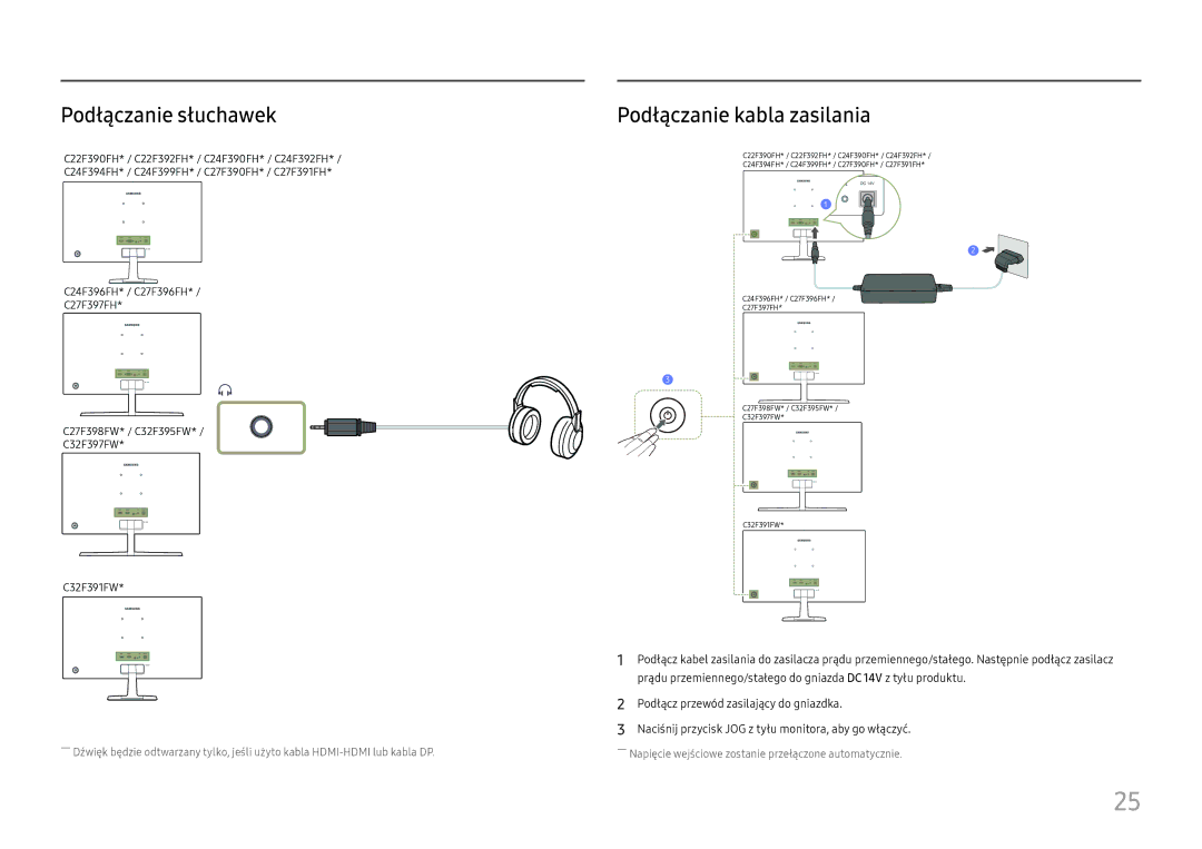 Samsung LS22E45UDW/EN, LS22E45UDWG/EN, LS24E45UDSC/XE, LS22E45UDWC/XE Podłączanie słuchawek, Podłączanie kabla zasilania 