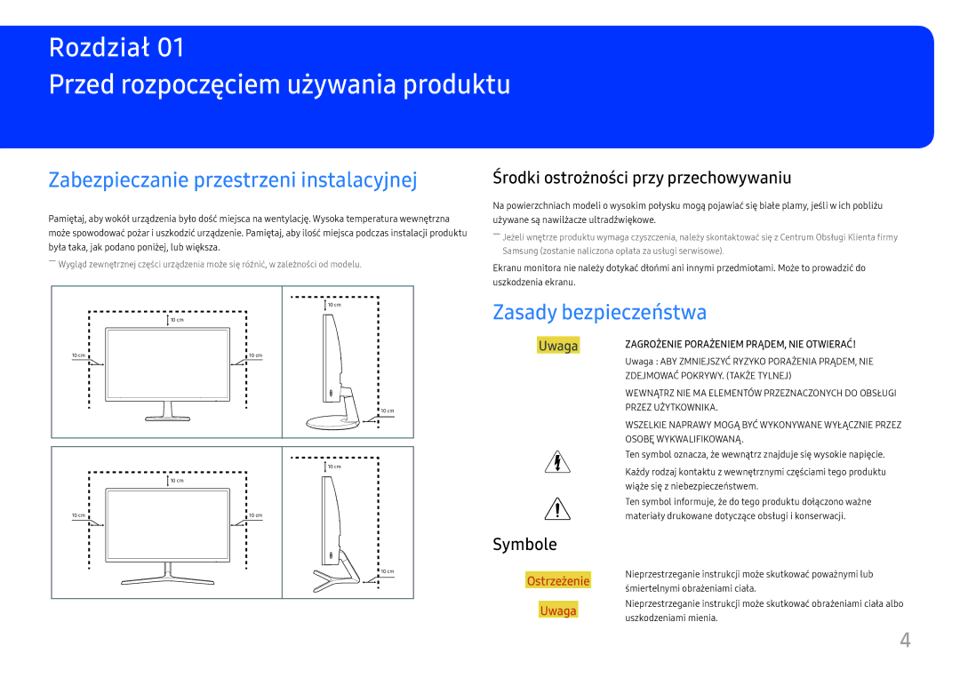 Samsung LS22E45UDWK/EN manual Przed rozpoczęciem używania produktu, Zabezpieczanie przestrzeni instalacyjnej, Symbole 